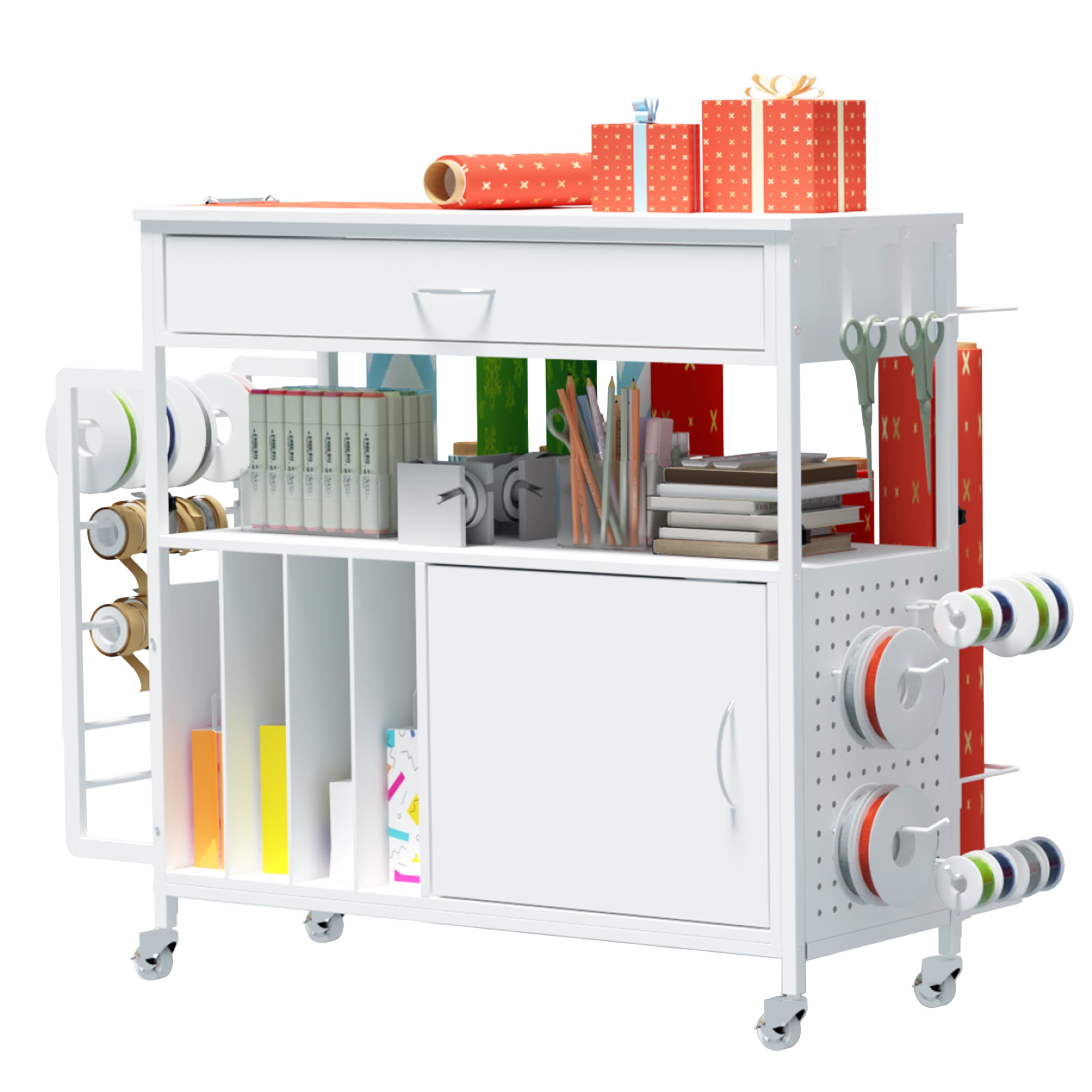 Haooyeah Wrapping Station Cart Contemporary Adjustable Height with Drawer Cabinet Ribbon Rack Tape Holder Lockable Wheels 30.7-35.6in