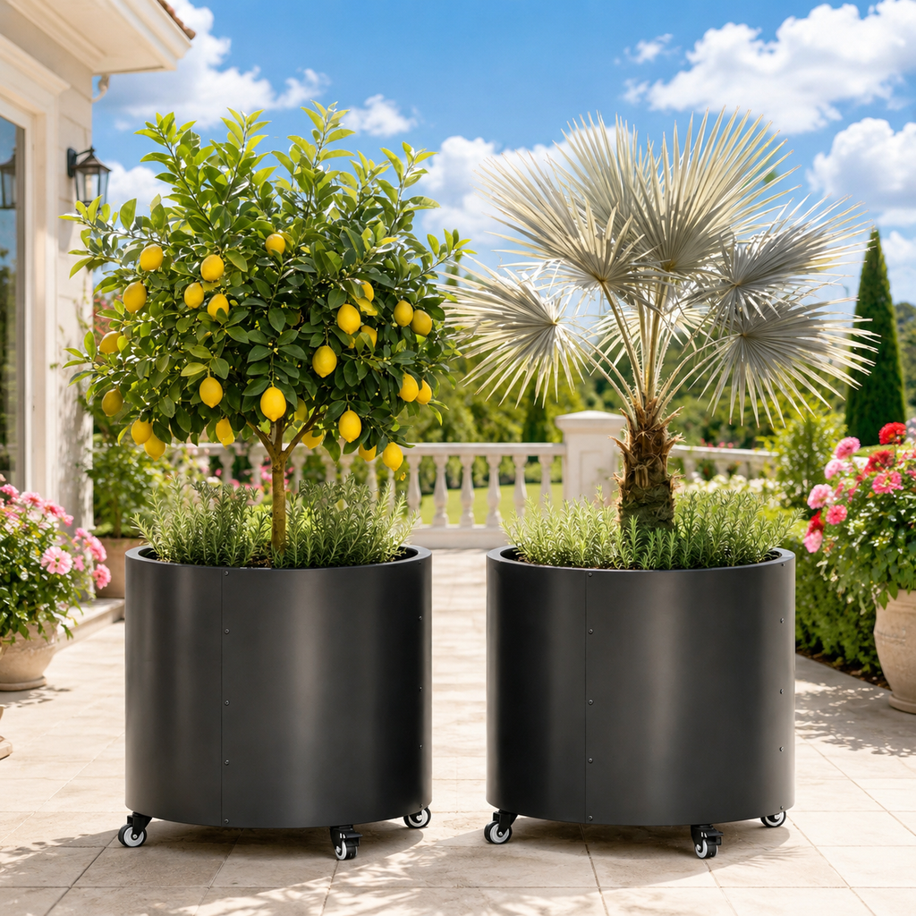2 Pack Rolling Planter for Tree,30 Gallon Large Metal Tree Pots for Outdoor 22"x 24" Round Planter Box with 4 Drainage Holes & Wheels,Morden Raise Planters for Citrus,Lemon,Vegetables,Flowers,Herbs