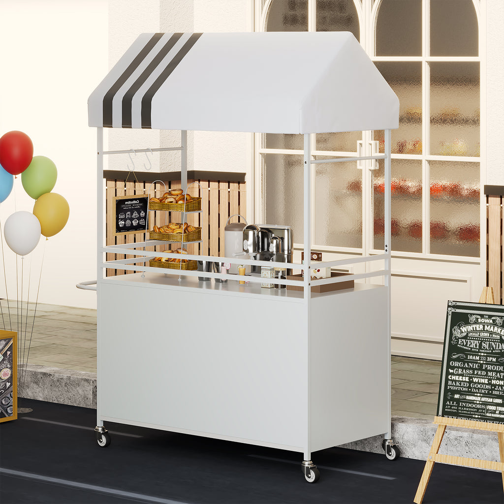 Choosilay Portable Vendor Cart with Canopy, Mobile Food Display Stand with Lockable Wheels, Mobile Food Carts for Sale, Portable Food Display Stand for Market, Street Food & Events (White/Balck)