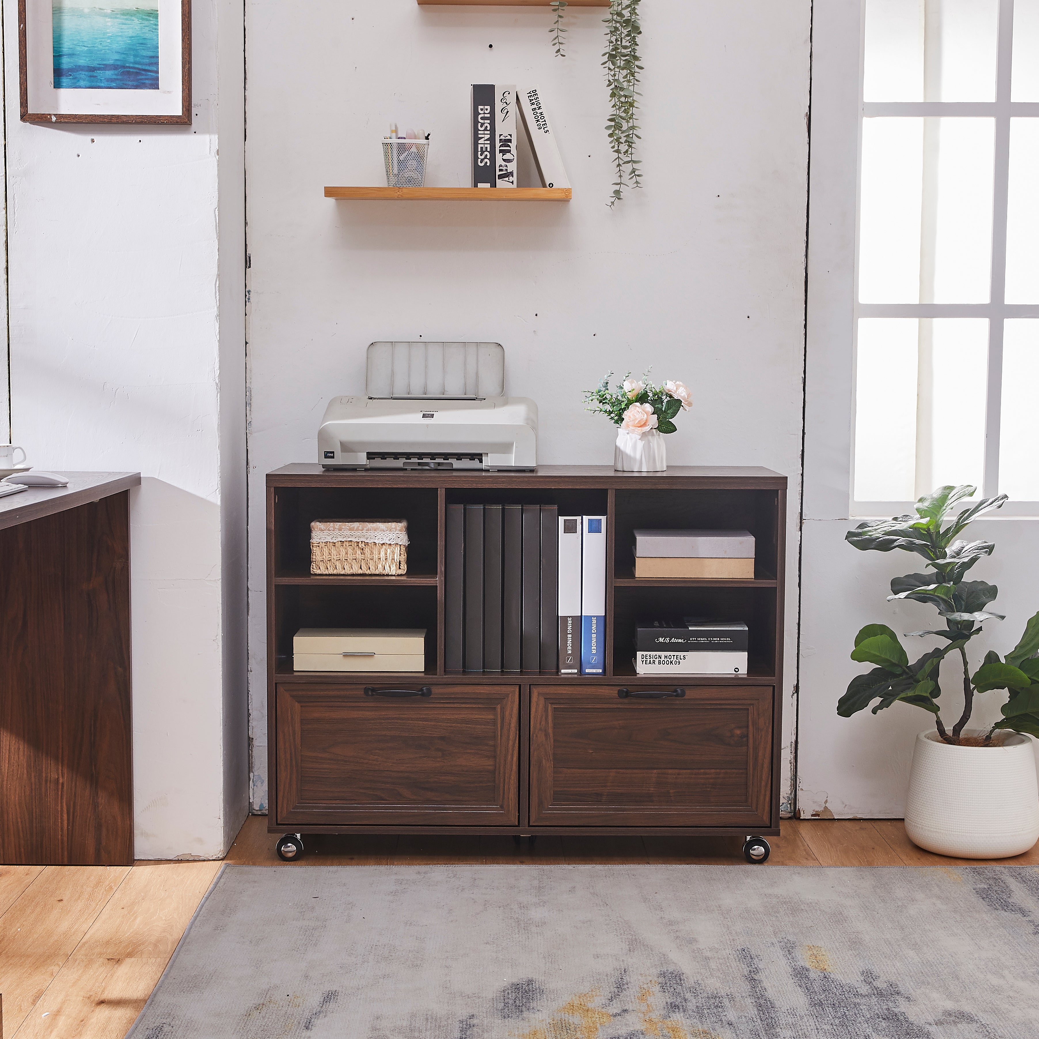 Haooyeah Wood 2 Drawer Filing Cabinet with Shelves, Rolling File Cabinet with Wheels for A4 Letter Legal, Printer Stand, 39.3in