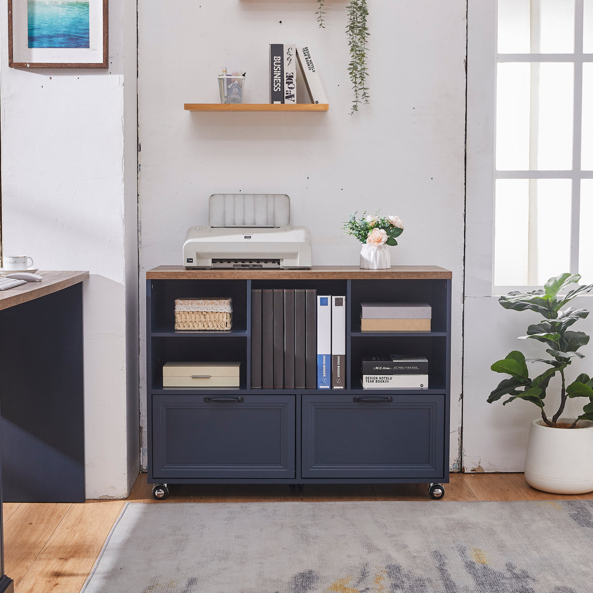 Haooyeah Wood 2 Drawer Filing Cabinet with Shelves, Rolling File Cabinet with Wheels for A4 Letter Legal, Printer Stand, 39.3in