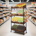 Haooyeah Rustic Brown 4-Tier Tilted Rolling Display Shelf, Double-Grid Storage Cart with 8 Hooks & Lockable Wheels, Metal Frame Snack Organizer