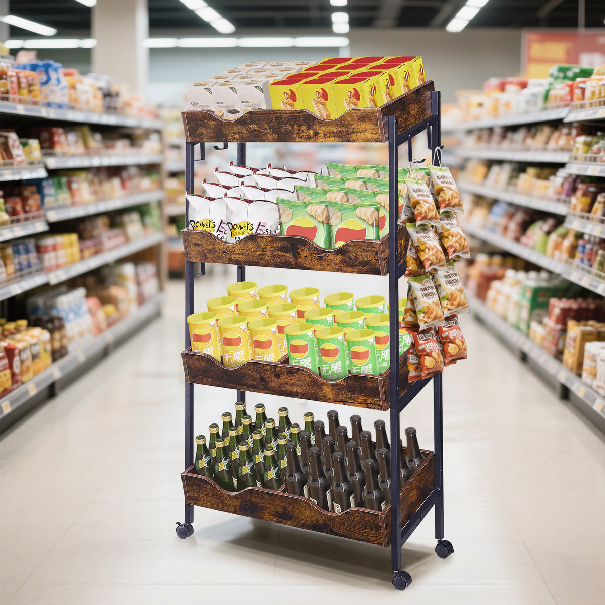 Haooyeah Rustic Brown 4-Tier Tilted Rolling Display Shelf, Double-Grid Storage Cart with 8 Hooks & Lockable Wheels, Metal Frame Snack Organizer