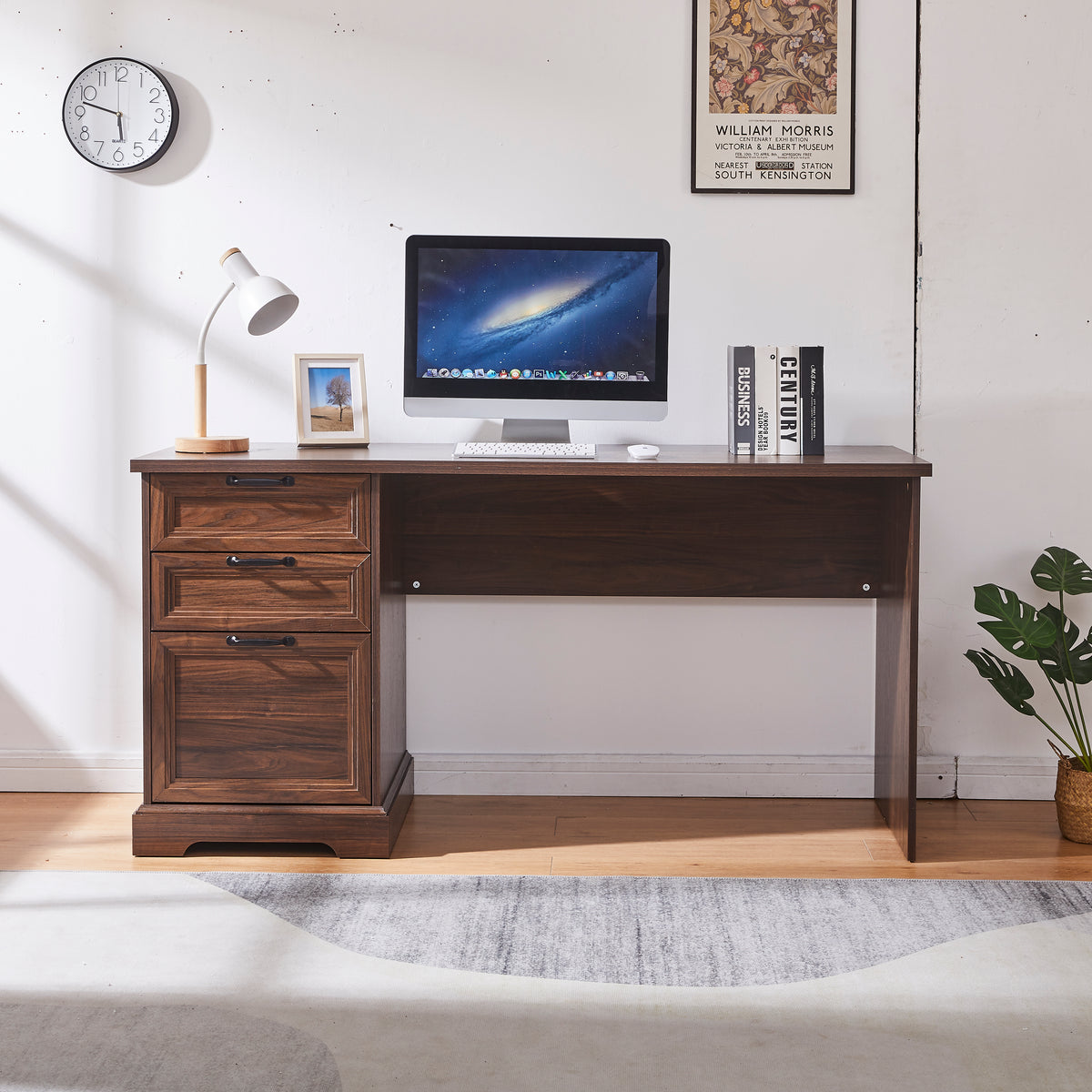 Haooyeah Office Computer Desk with 3 Drawers, Built-in Power Outlet, USB & Type-C Fast Charging, Wooden Writing Desk for Home Office