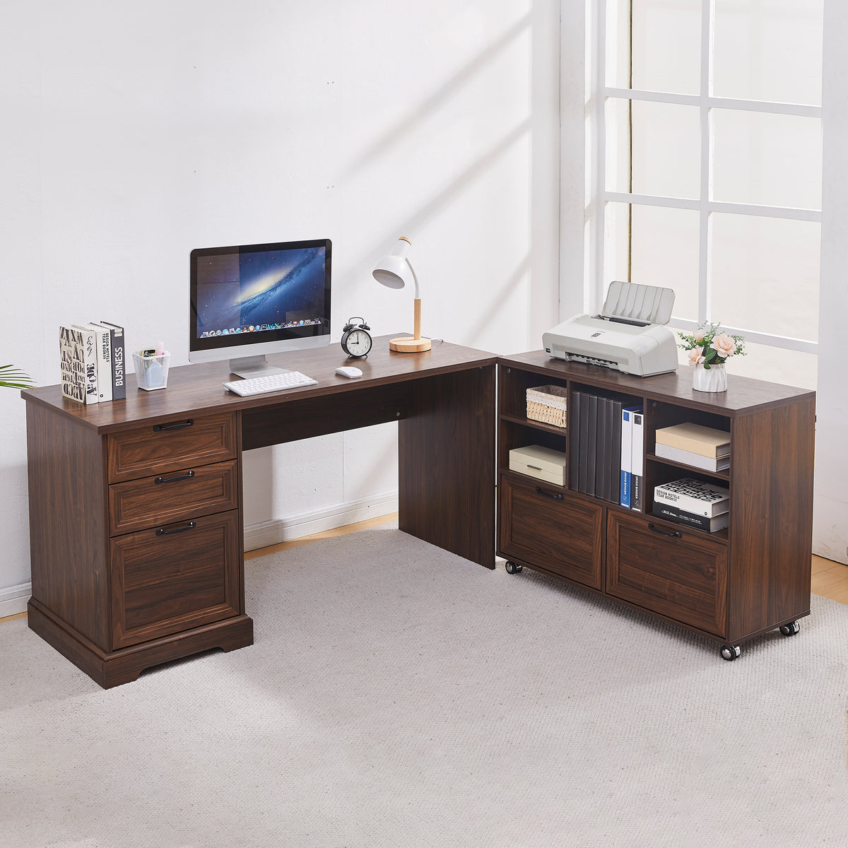 Haooyeah 60" L Shaped Executive Desk with File Cabinet, Office Desk with Drawers & Shelves, Built-in Power Outlet, Wood Computer Desk for Home Office Study