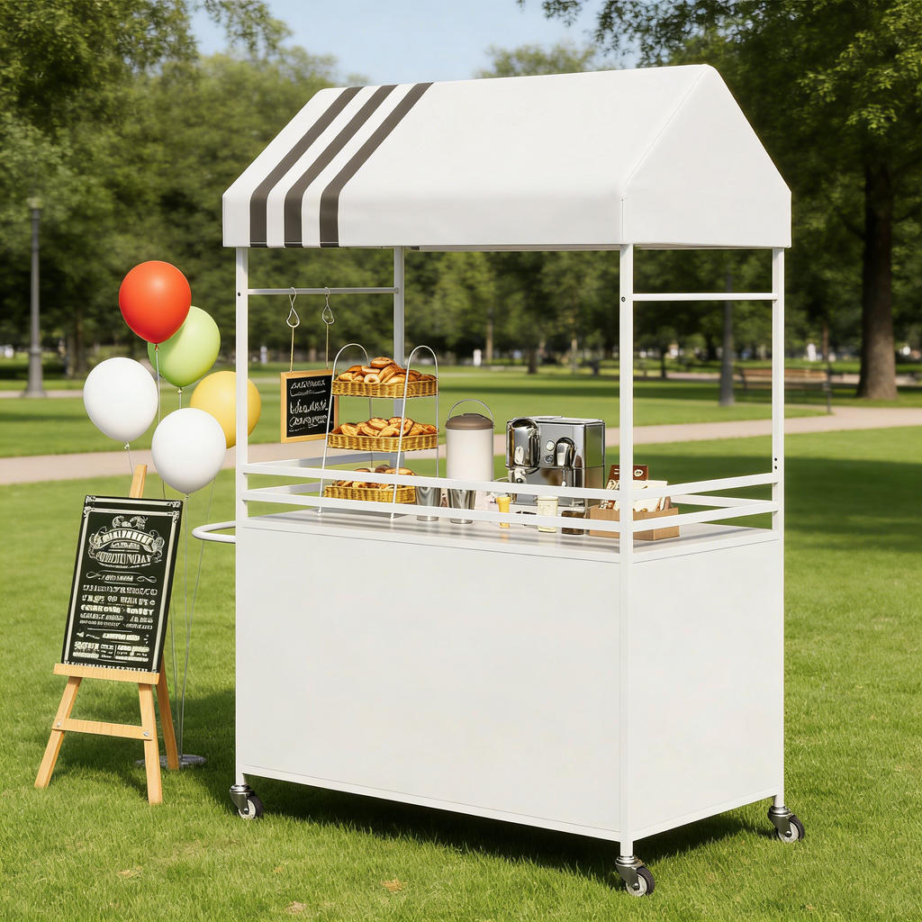 Portable Vendor Cart with Canopy, Outdoor Mobile Food Cart with Wheels, 75" Tall Street Display Stand,Farmers Markets Events, Vendor's Dessert Vending Stall