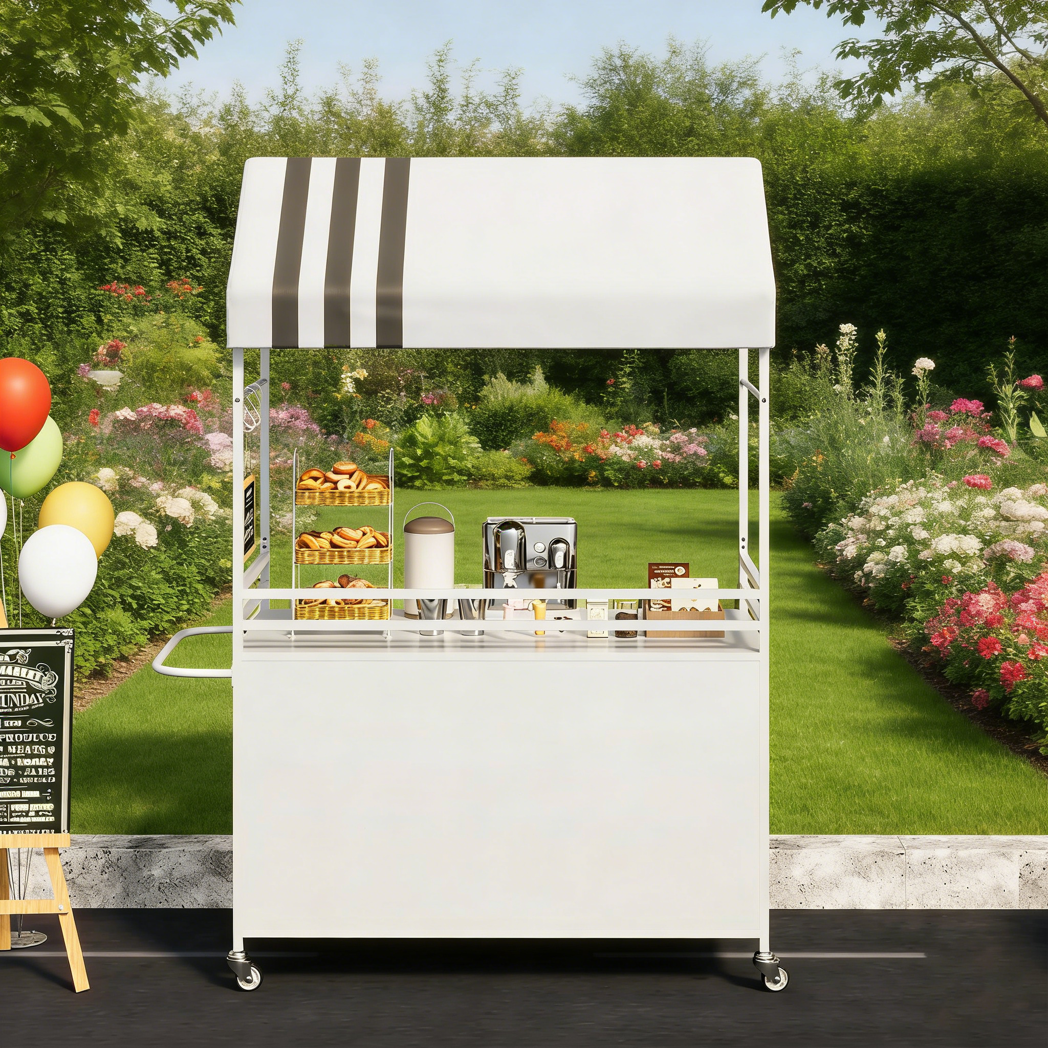 Portable Vendor Cart with Canopy, Outdoor Mobile Food Cart with Wheels, 75" Tall Street Display Stand,Farmers Markets Events, Vendor's Dessert Vending Stall