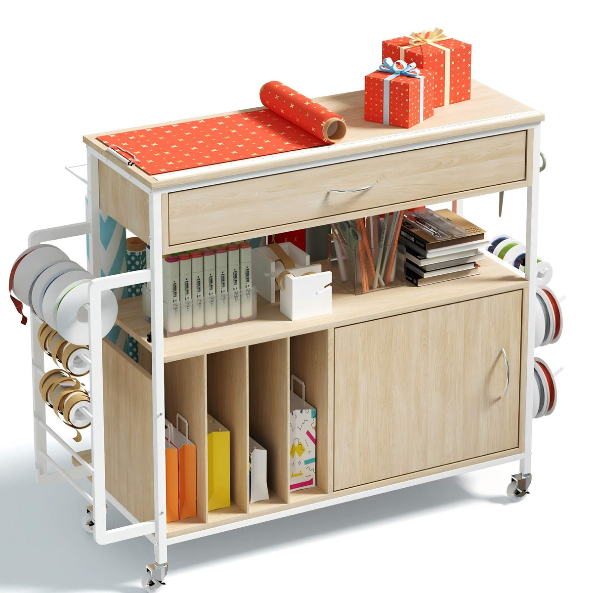 Haooyeah Wrapping Station Cart Contemporary Adjustable Height with Drawer Cabinet Ribbon Rack Tape Holder Lockable Wheels 30.7-35.6in