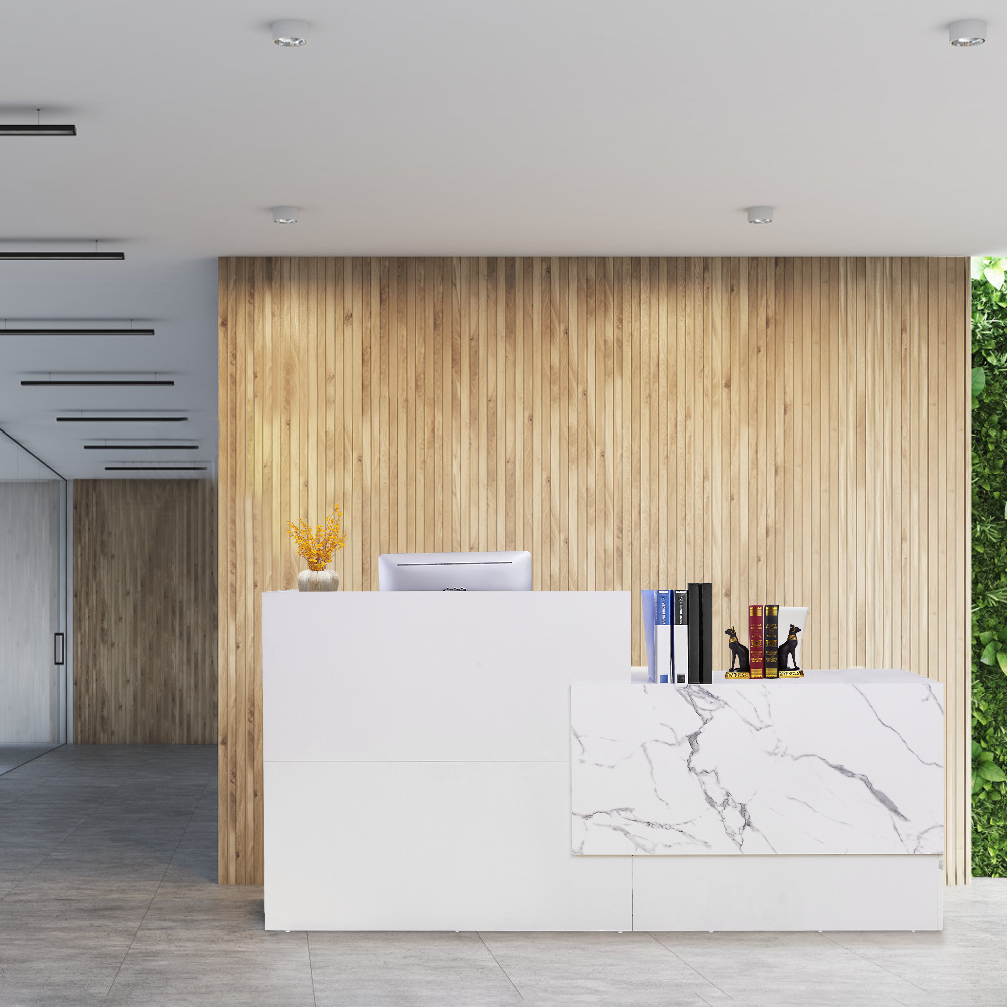 Haooyeah Reception Desk with Counter, Modern Desk with Lockable Drawer & Shelves