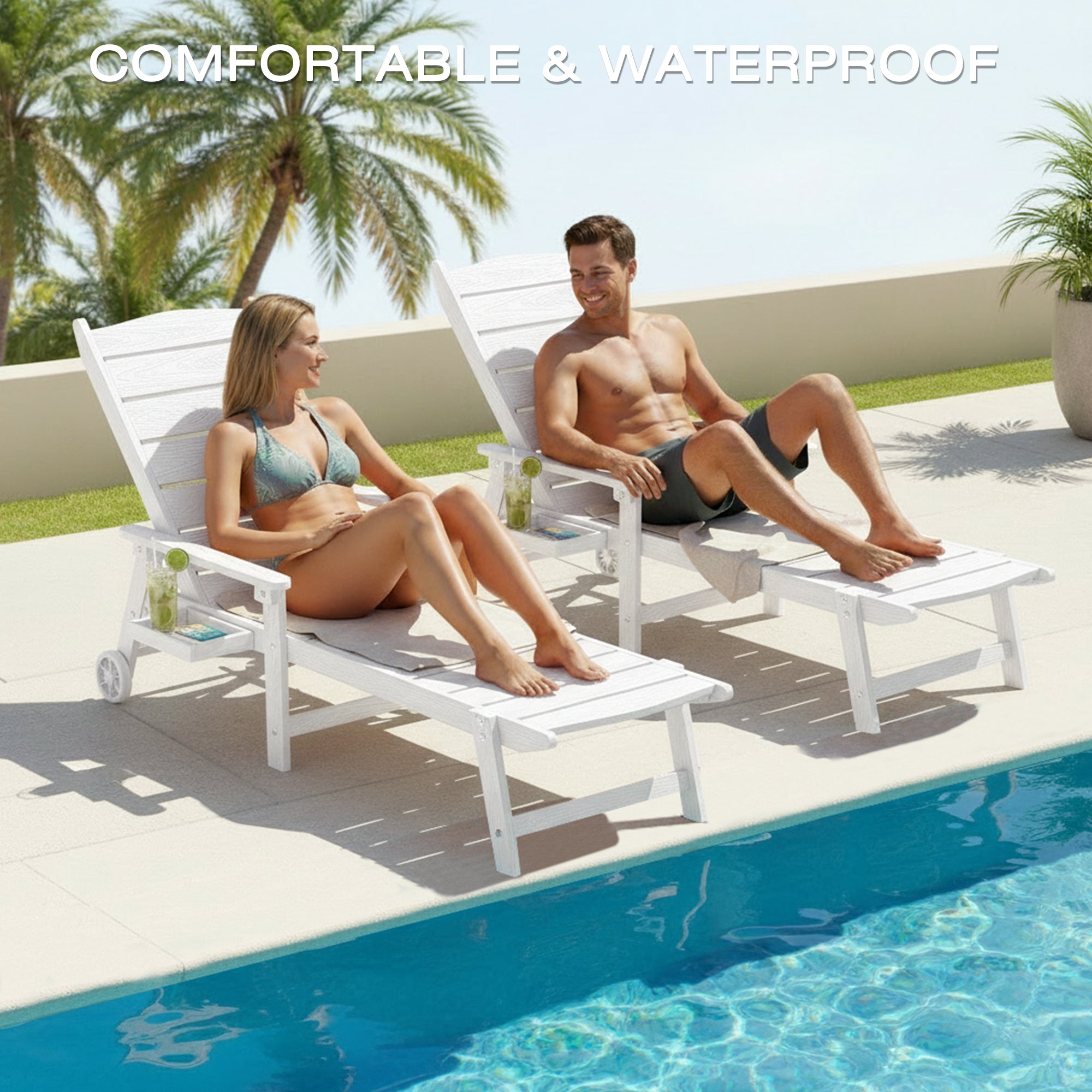 Pool Lounge Chairs Set of 4, 6.3ft Full-Length Patio Pool Lounge Chairs,5-Position Adjustable Backrest (Flat Recline),HIPS All-Weather for Beach,White