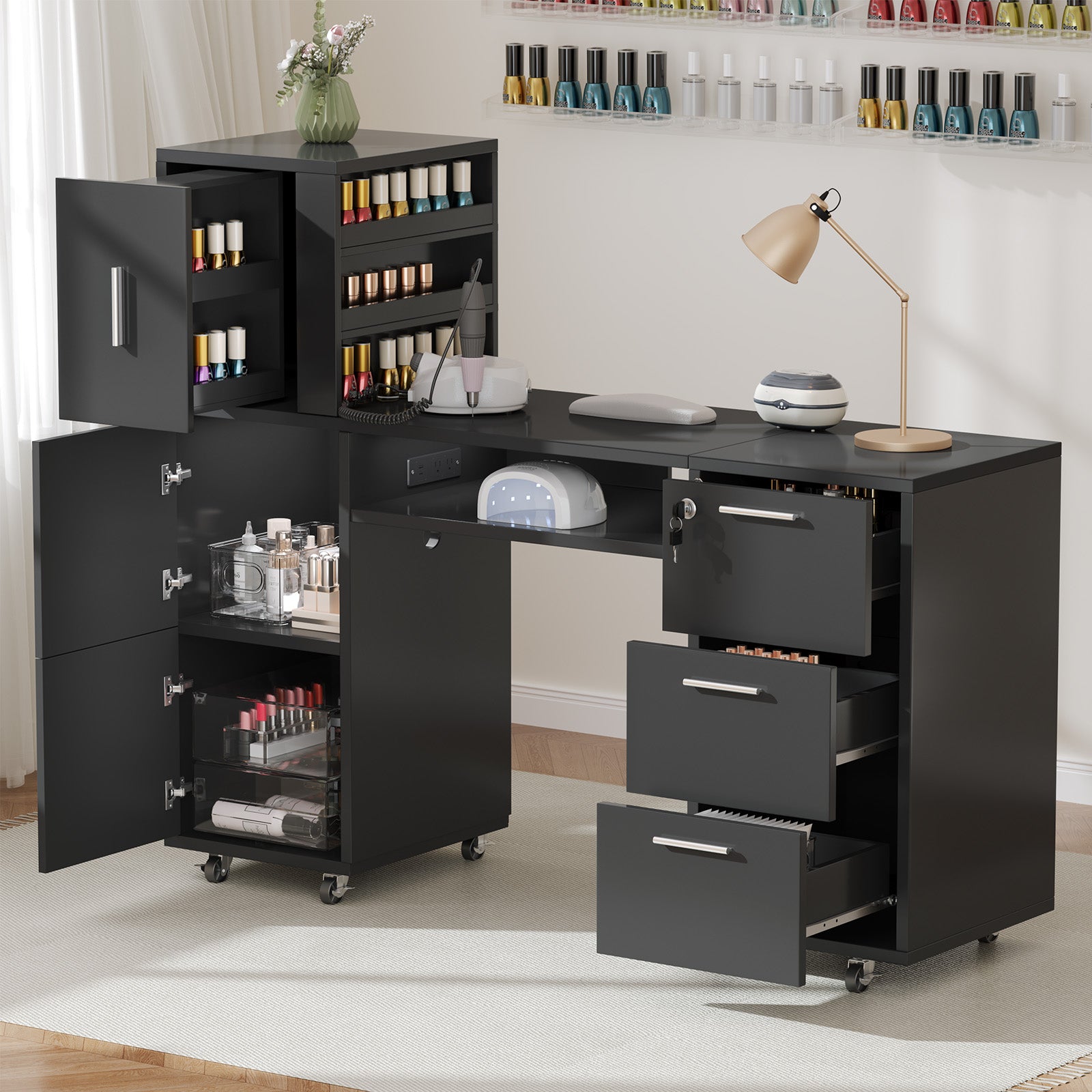 Haooyeah Manicure Table with 1 Shelf, 4 Drawers, 2 Cabinets, Rolling Nail Desk with Tabletop Organizer, Mobile Nail Tech Workstation