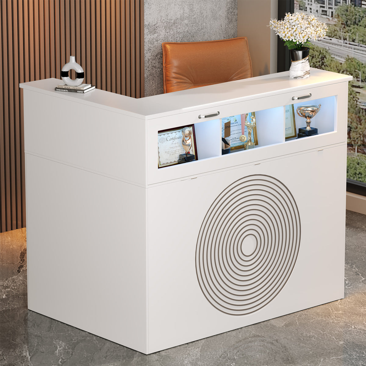 Haooyeah L‑Shaped Reception Desk with Integrated Display Cabinet, Power Outlet & Built‑in Storage
