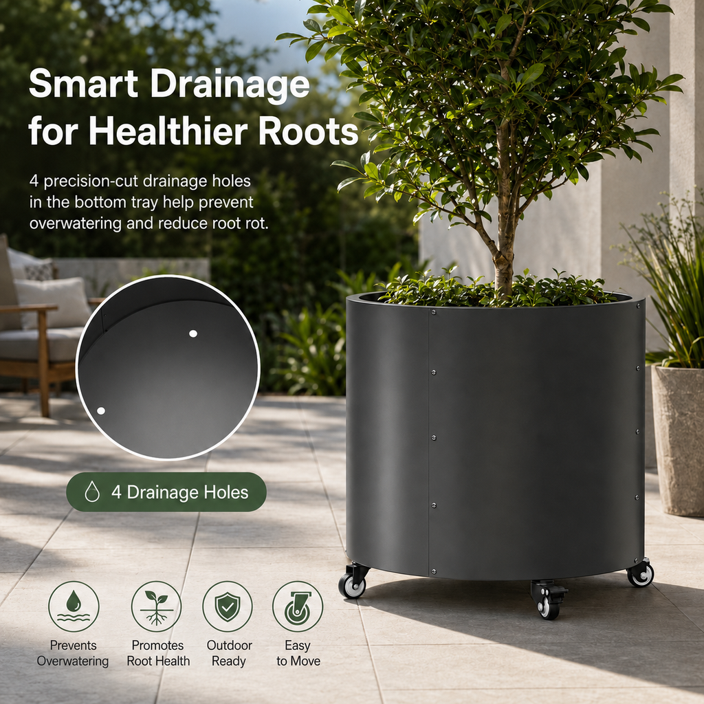 2 Pack Rolling Planter for Tree,30 Gallon Large Metal Tree Pots for Outdoor 22"x 24" Round Planter Box with 4 Drainage Holes & Wheels,Morden Raise Planters for Citrus,Lemon,Vegetables,Flowers,Herbs