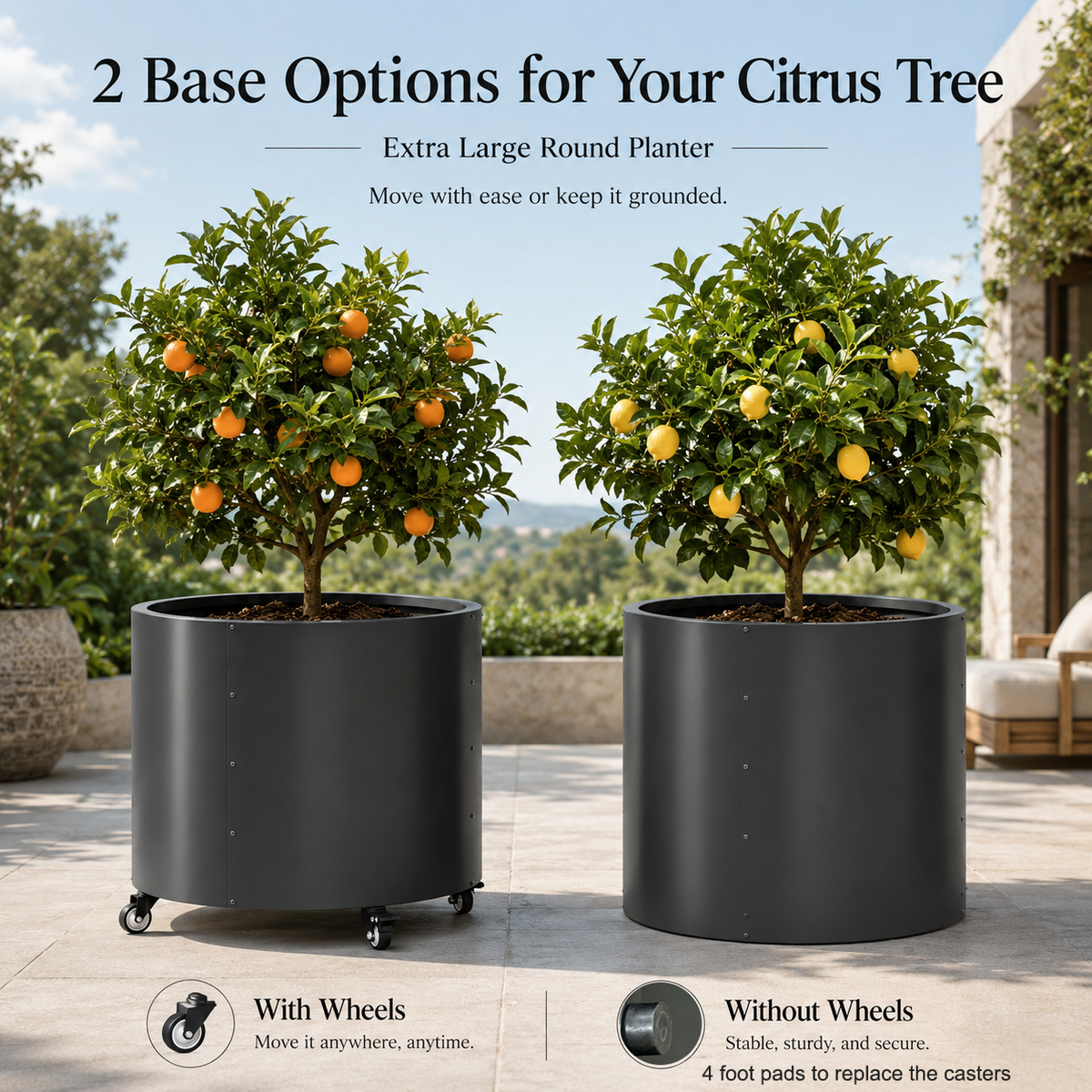 2 Pack Rolling Planter for Tree,30 Gallon Large Metal Tree Pots for Outdoor 22"x 24" Round Planter Box with 4 Drainage Holes & Wheels,Morden Raise Planters for Citrus,Lemon,Vegetables,Flowers,Herbs