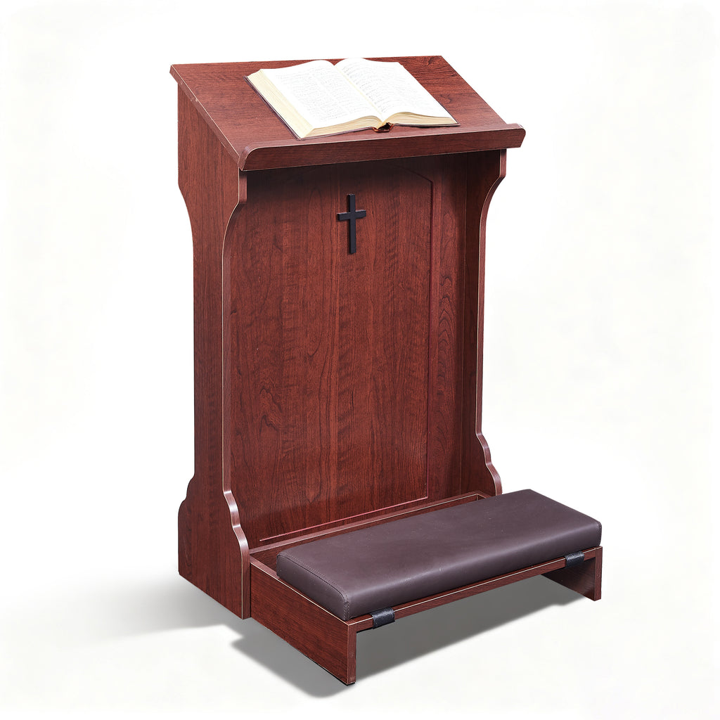 Haooyeah Wooden Prayer Table with Thick Kneeling Pad, Folding Design, Rounded Book Rest, Decorative Cross, Steel Tube Base for Home & Church Use