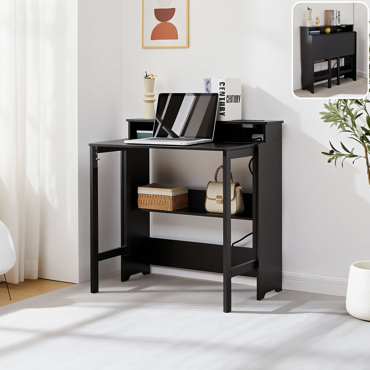 Haooyeah Fold Out Desk with Power Outlets, Small Space-Saving Foldable Desk with Storage Shelf, Hidden Wall Desk for Bedroom, Living Room & Office