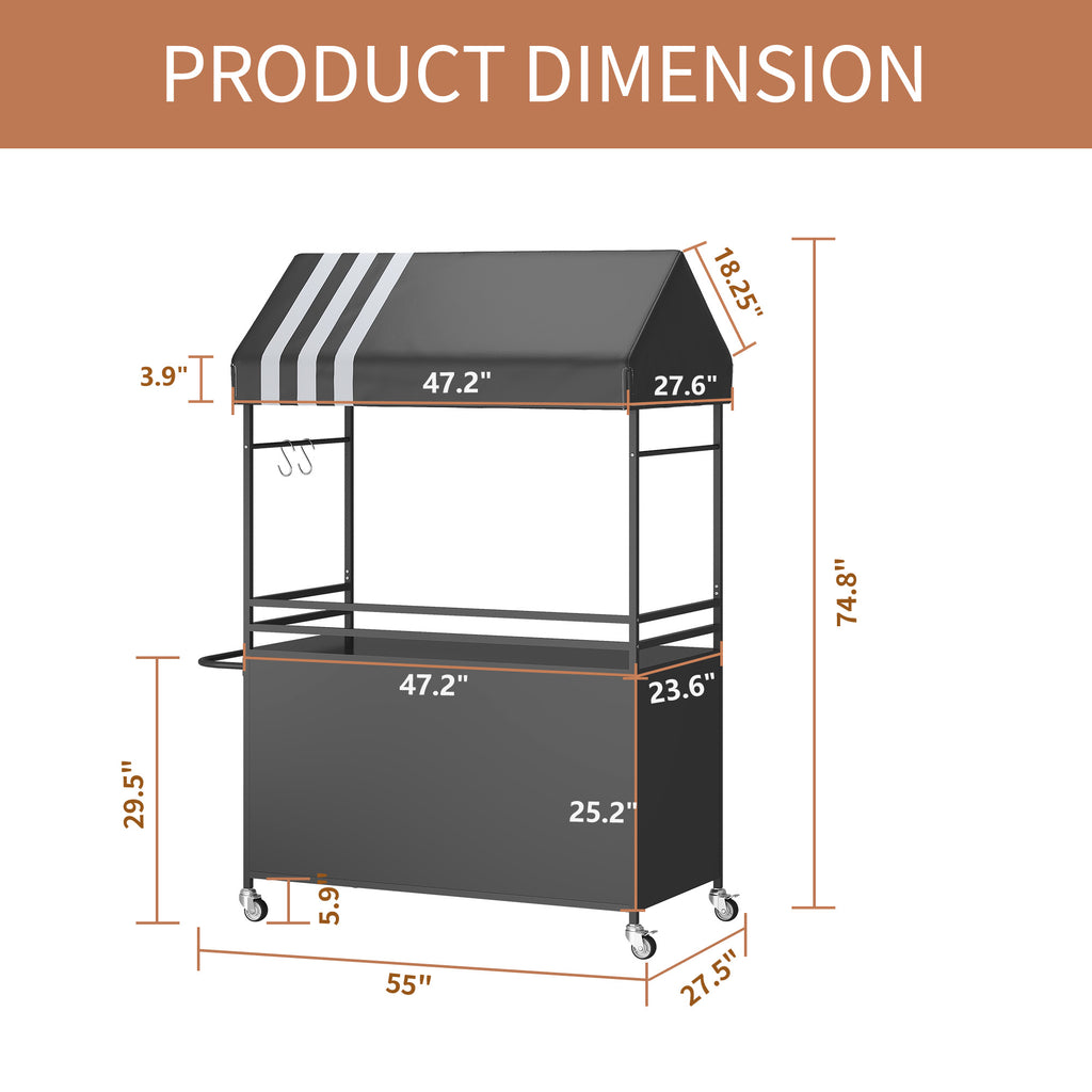 Choosilay Portable Vendor Cart with Canopy, Mobile Food Display Stand with Lockable Wheels, Mobile Food Carts for Sale, Portable Food Display Stand for Market, Street Food & Events (White/Balck)