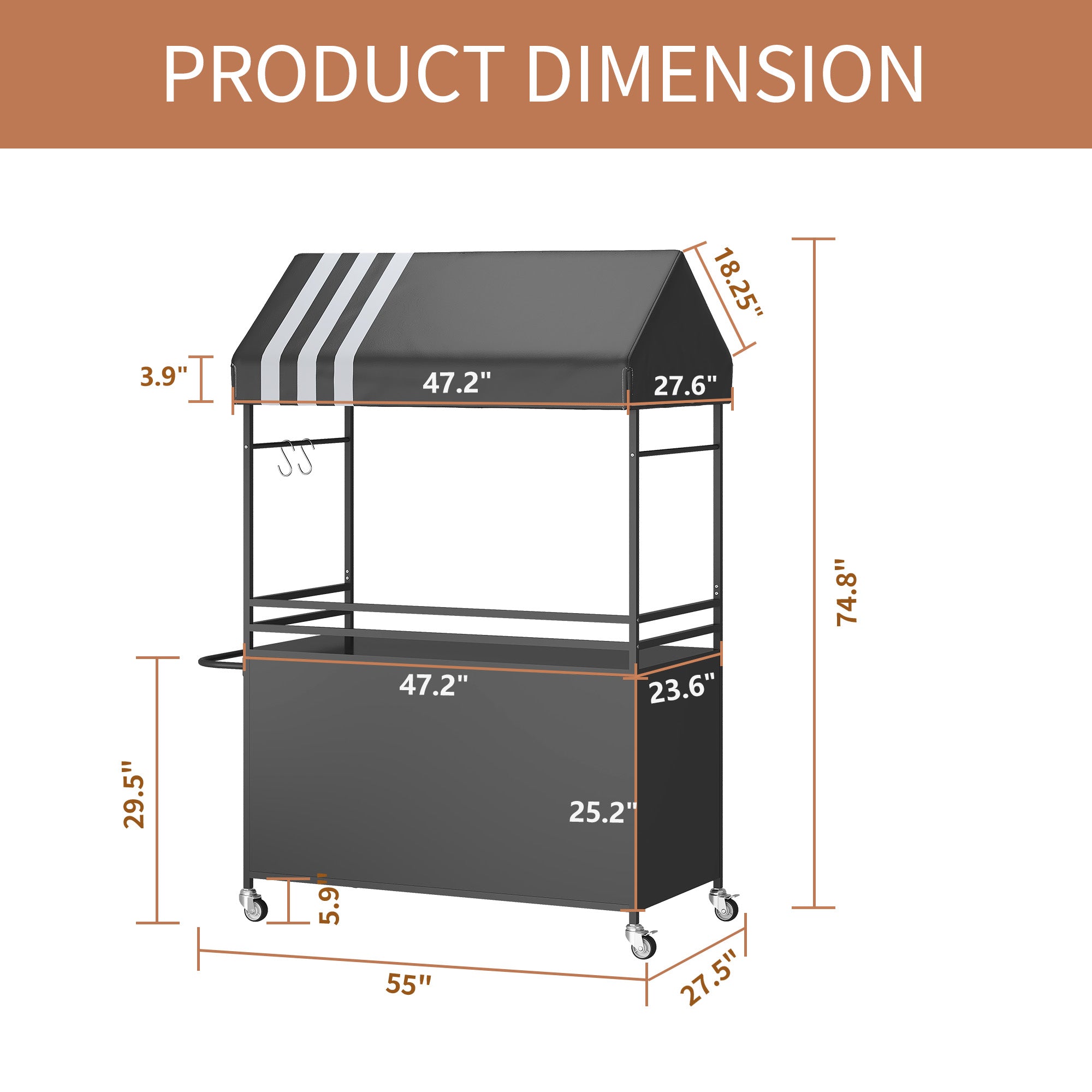 Choosilay Portable Vendor Cart with Canopy, Mobile Food Display Stand with Lockable Wheels, Mobile Food Carts for Sale, Portable Food Display Stand for Market, Street Food & Events (White/Balck)