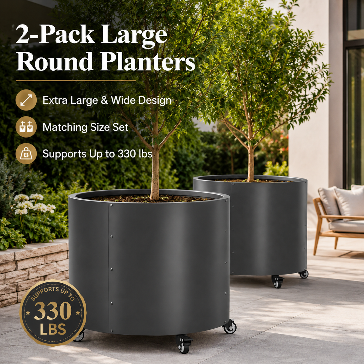 2 Pack Rolling Planter for Tree,30 Gallon Large Metal Tree Pots for Outdoor 22"x 24" Round Planter Box with 4 Drainage Holes & Wheels,Morden Raise Planters for Citrus,Lemon,Vegetables,Flowers,Herbs