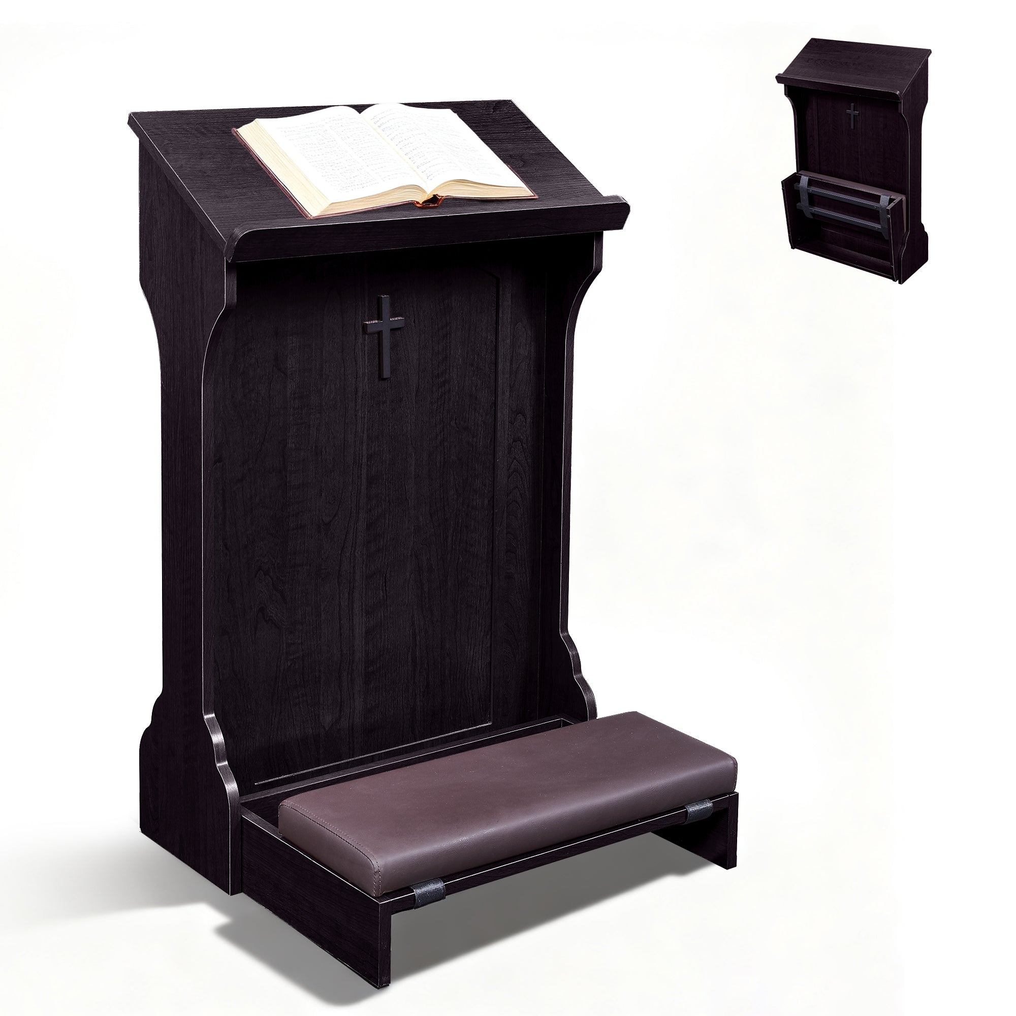 Haooyeah Wooden Prayer Table with Thick Kneeling Pad, Folding Design, Rounded Book Rest, Decorative Cross, Steel Tube Base for Home & Church Use