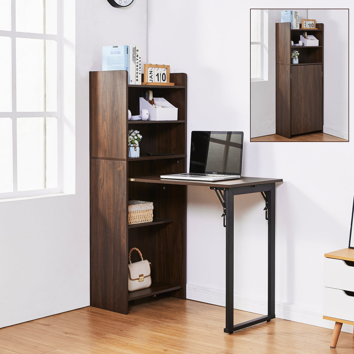 Haooyeah Foldable Desk with Bookshelf, 2-in-1 Space-Saving Computer Desk, Storage Shelves, Built-in Power Outlet, Easy-Fold Desk