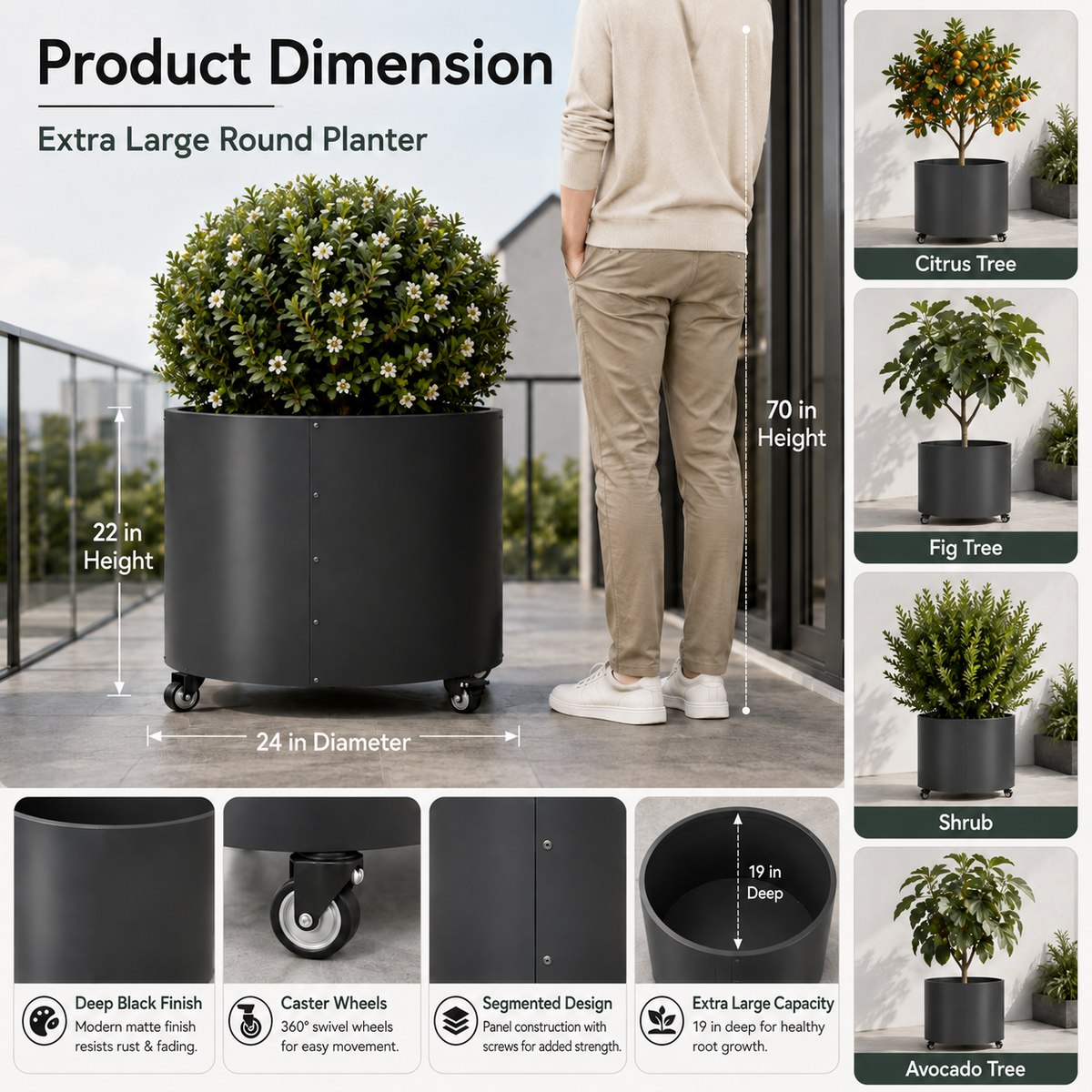 2 Pack Rolling Planter for Tree,30 Gallon Large Metal Tree Pots for Outdoor 22"x 24" Round Planter Box with 4 Drainage Holes & Wheels,Morden Raise Planters for Citrus,Lemon,Vegetables,Flowers,Herbs