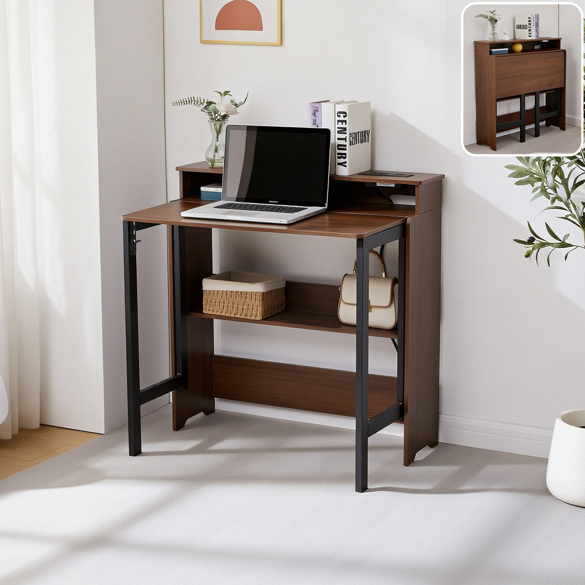 Haooyeah Fold Out Desk with Power Outlets, Small Space-Saving Foldable Desk with Storage Shelf, Hidden Wall Desk for Bedroom, Living Room & Office
