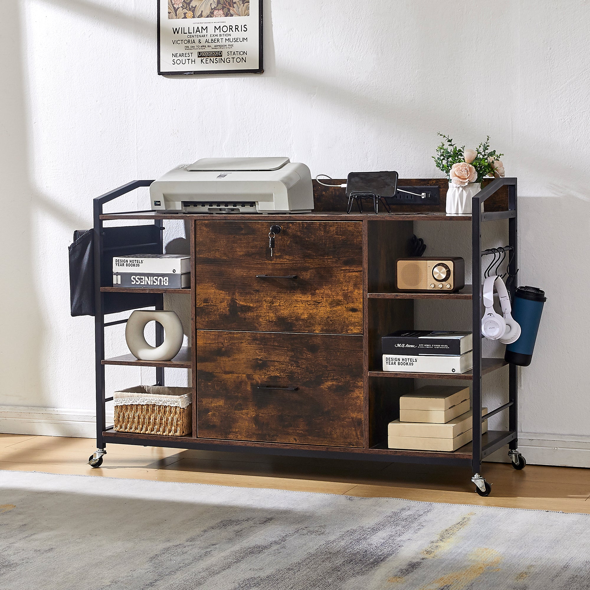 Haooyeah Modern Mobile File Cabinet with Charging Station, 2 Lockable Drawers, 3 Shelf Storage, Rolling, Fits A4/Letter/Legal Files