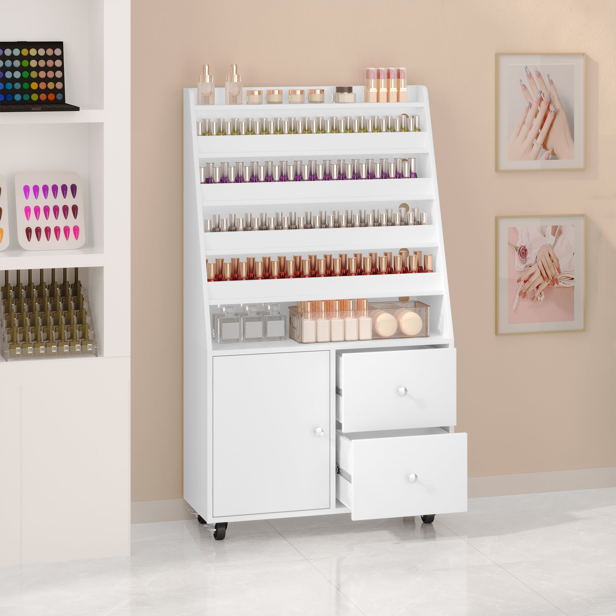 Haooyeah 6-Tier Nail Polish Storage Cabinet with RGB Light Drawers Mobile Organizer White