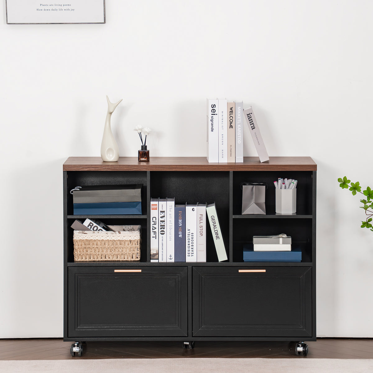 Haooyeah Wood 2 Drawer Filing Cabinet with Shelves, Rolling File Cabinet with Wheels for A4 Letter Legal, Printer Stand, 39.3in