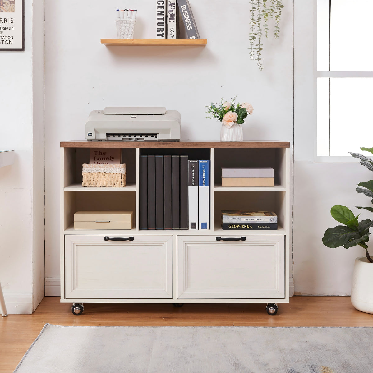 Haooyeah Wood 2 Drawer Filing Cabinet with Shelves, Rolling File Cabinet with Wheels for A4 Letter Legal, Printer Stand, 39.3in