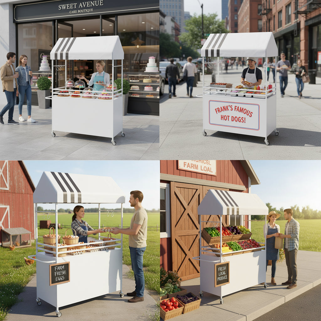 Choosilay Portable Vendor Cart with Canopy, Mobile Food Display Stand with Lockable Wheels, Mobile Food Carts for Sale, Portable Food Display Stand for Market, Street Food & Events (White/Balck)