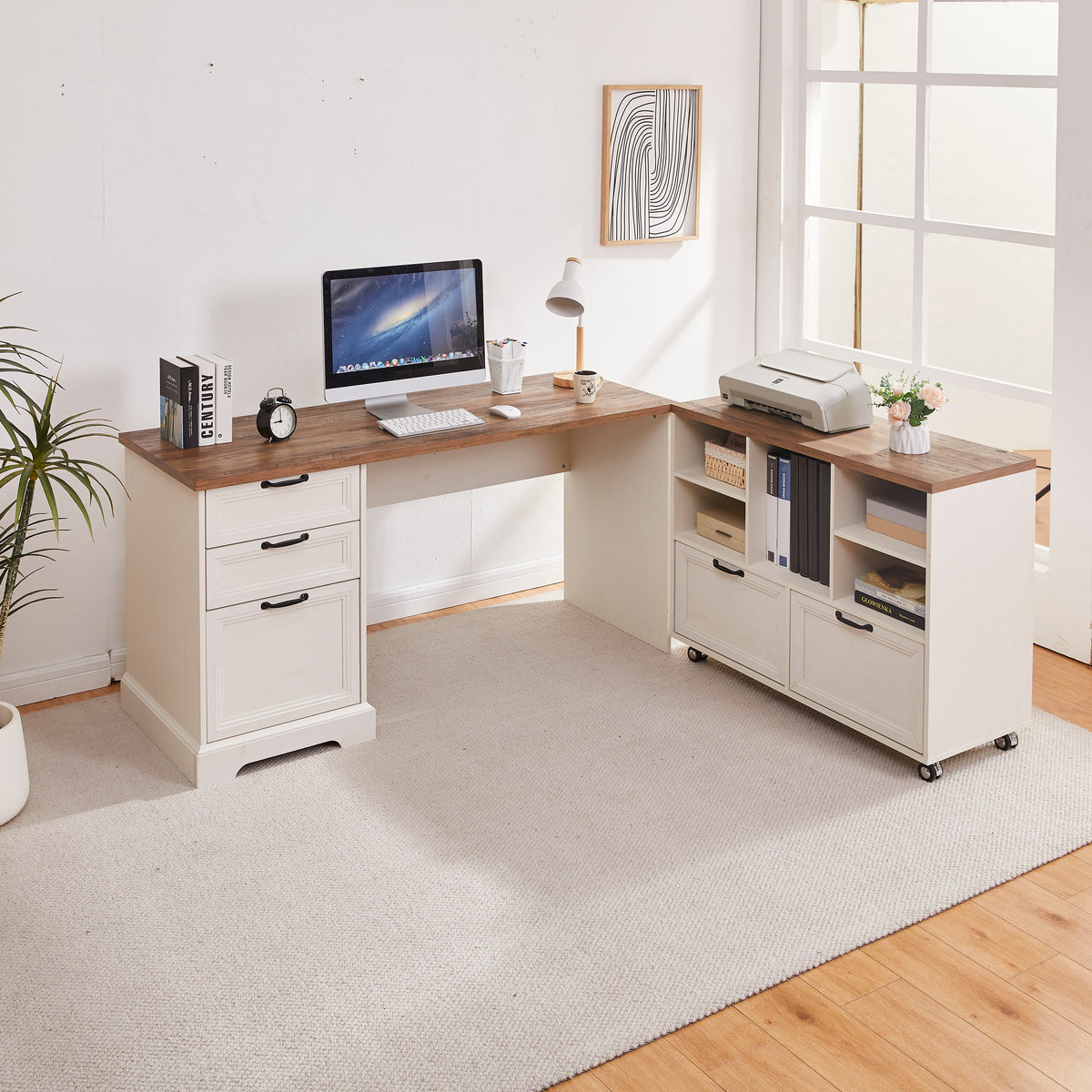 Haooyeah 60" L Shaped Executive Desk with File Cabinet, Office Desk with Drawers & Shelves, Built-in Power Outlet, Wood Computer Desk for Home Office Study