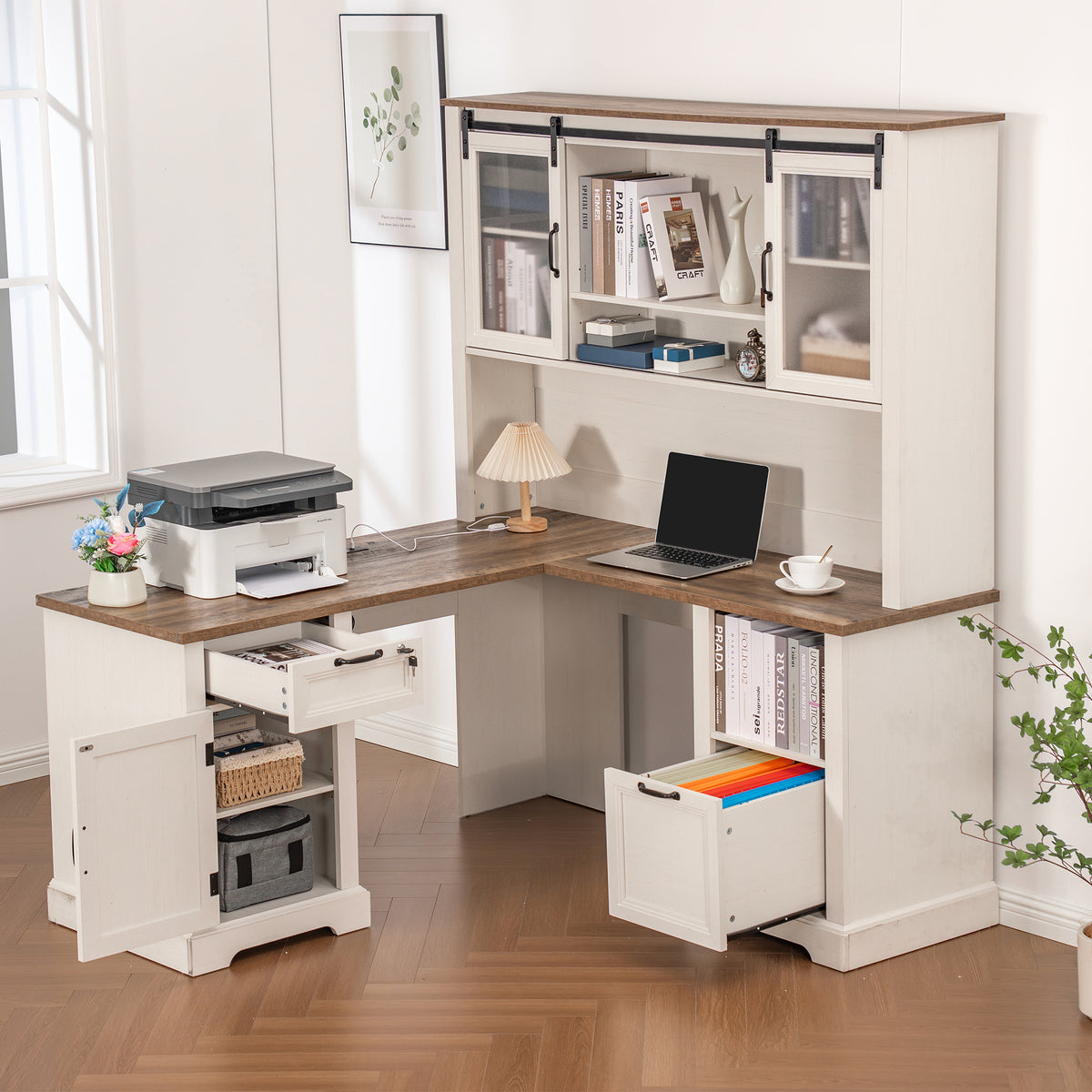 Haooyeah L Shaped Desk with Hutch, Corner Computer Desk with Storage, Power Outlet, Drawer,White