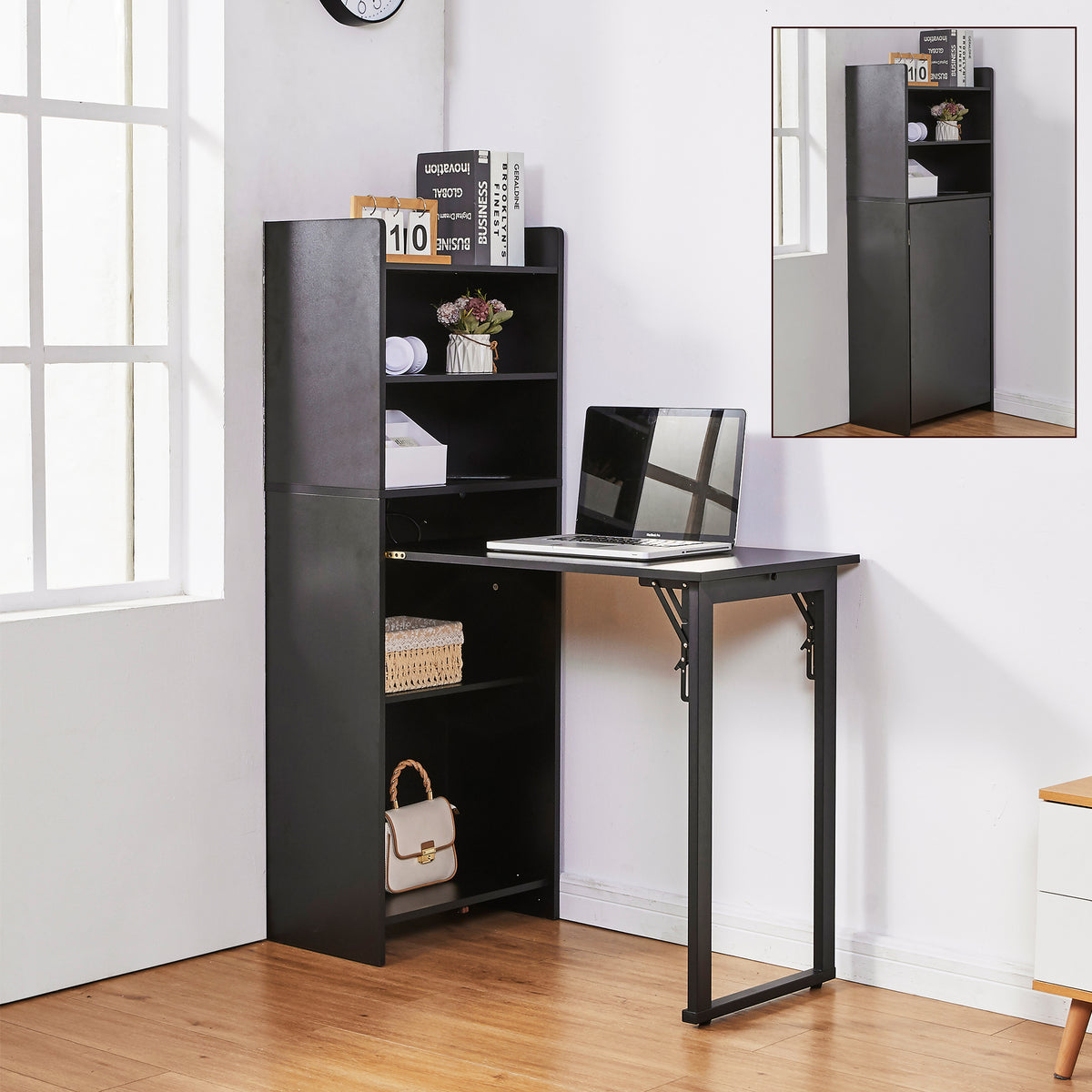 Haooyeah Foldable Desk with Bookshelf, 2-in-1 Space-Saving Computer Desk, Storage Shelves, Built-in Power Outlet, Easy-Fold Desk