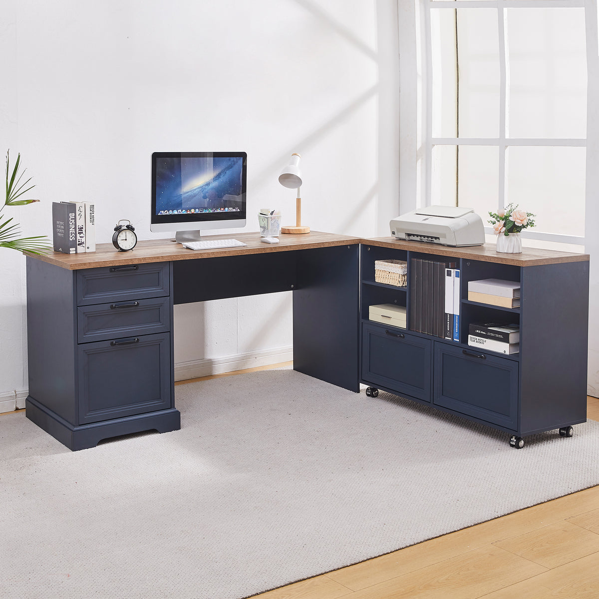 Haooyeah 60" L Shaped Executive Desk with File Cabinet, Office Desk with Drawers & Shelves, Built-in Power Outlet, Wood Computer Desk for Home Office Study
