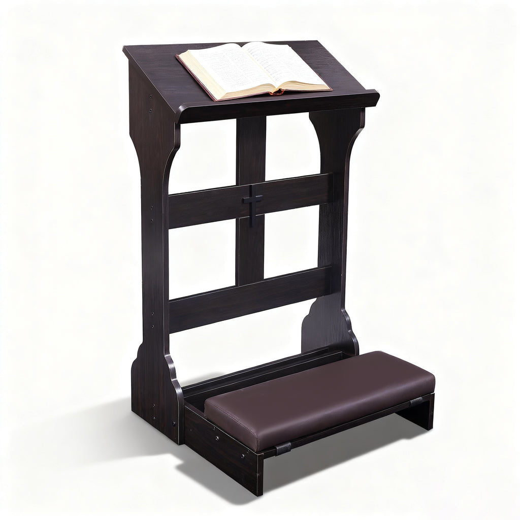 Haooyeah Wooden Prayer Table Foldable Kneeler Bench 2.4" Thick Cushion Reinforced Steel Decorative Cross Rounded Book Stop Space-Saving Home Church