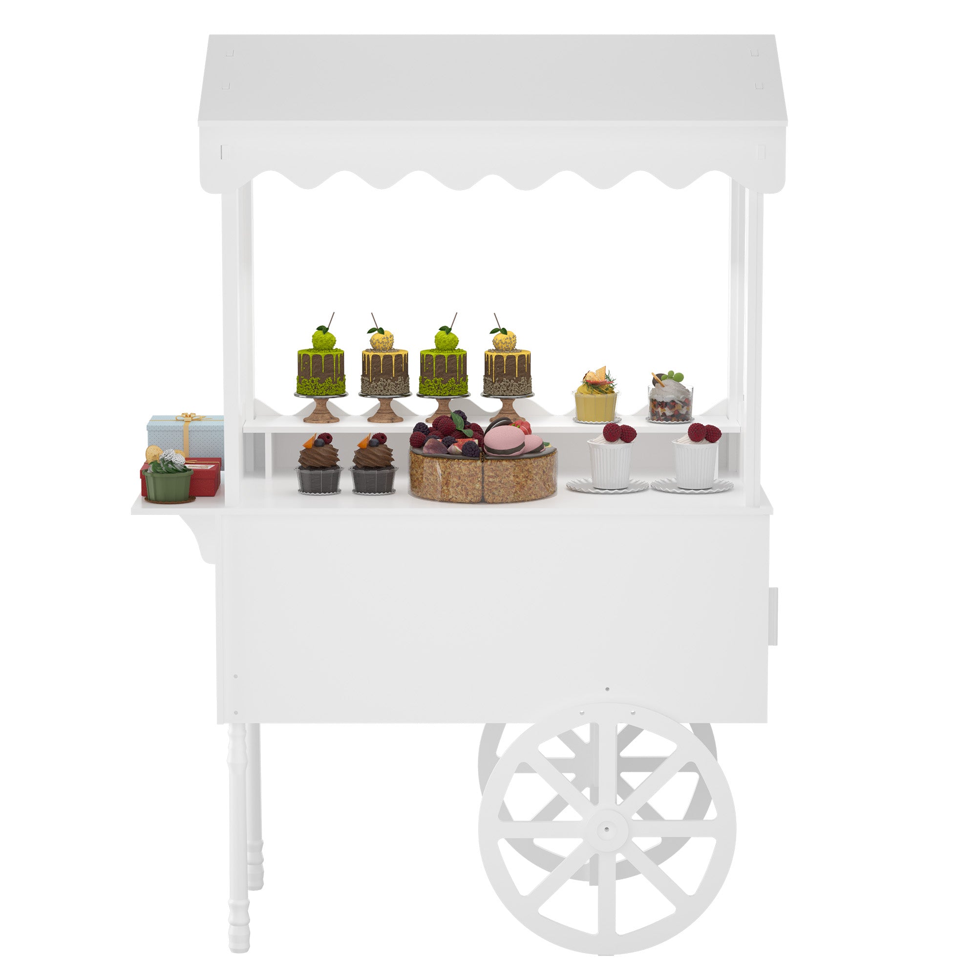 Haooyeah 2-Tier Dessert Display Cart with Storage Cabinet, DIY Decoration Candy Cart with Canopy & Wheels, Utility Cart for Parties & Events, White