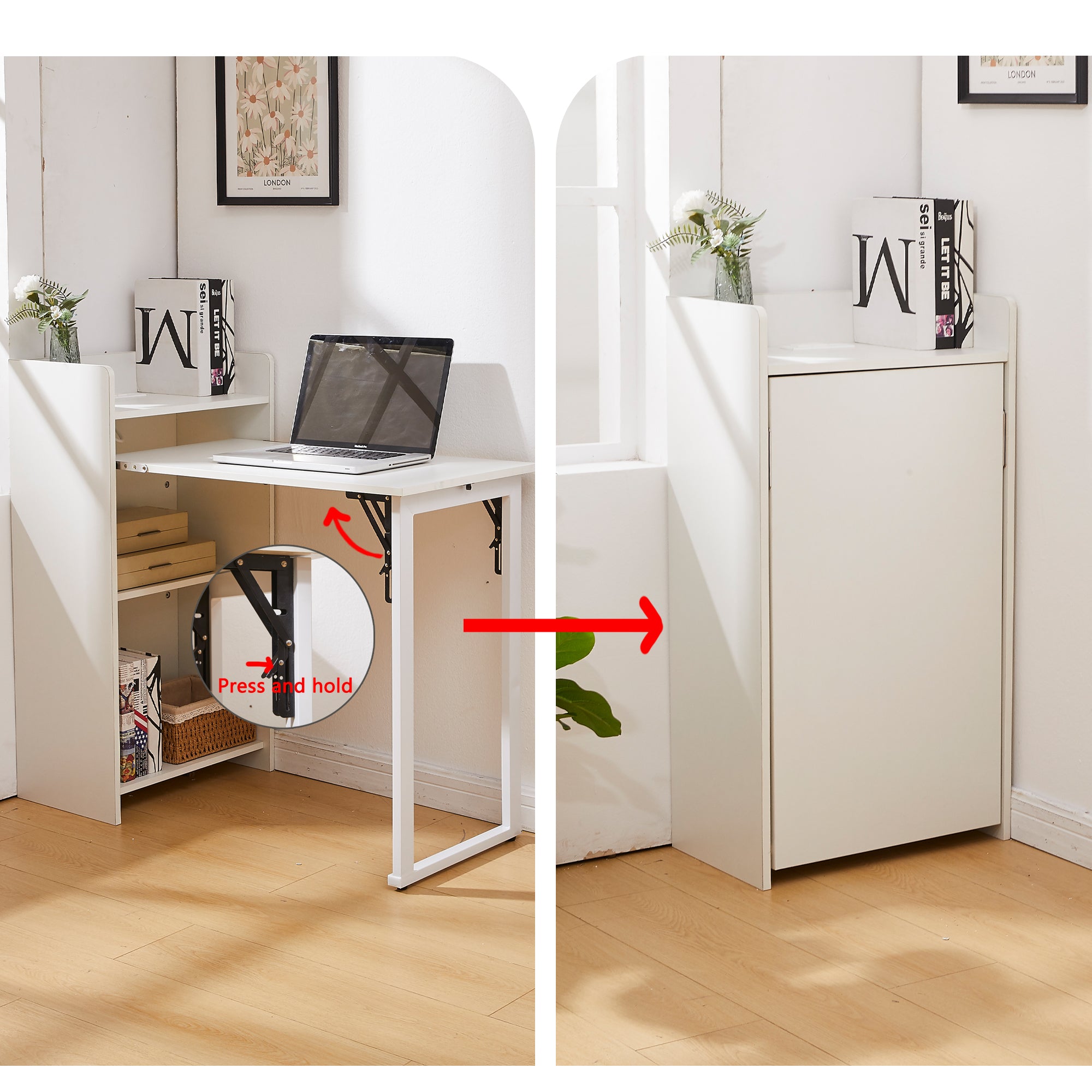 boknight Foldable Desk,Hidden Desk with Storage and Built-in Socket,Mid Century Fold Out Table for Small Spaces,Home Office and Bedroom