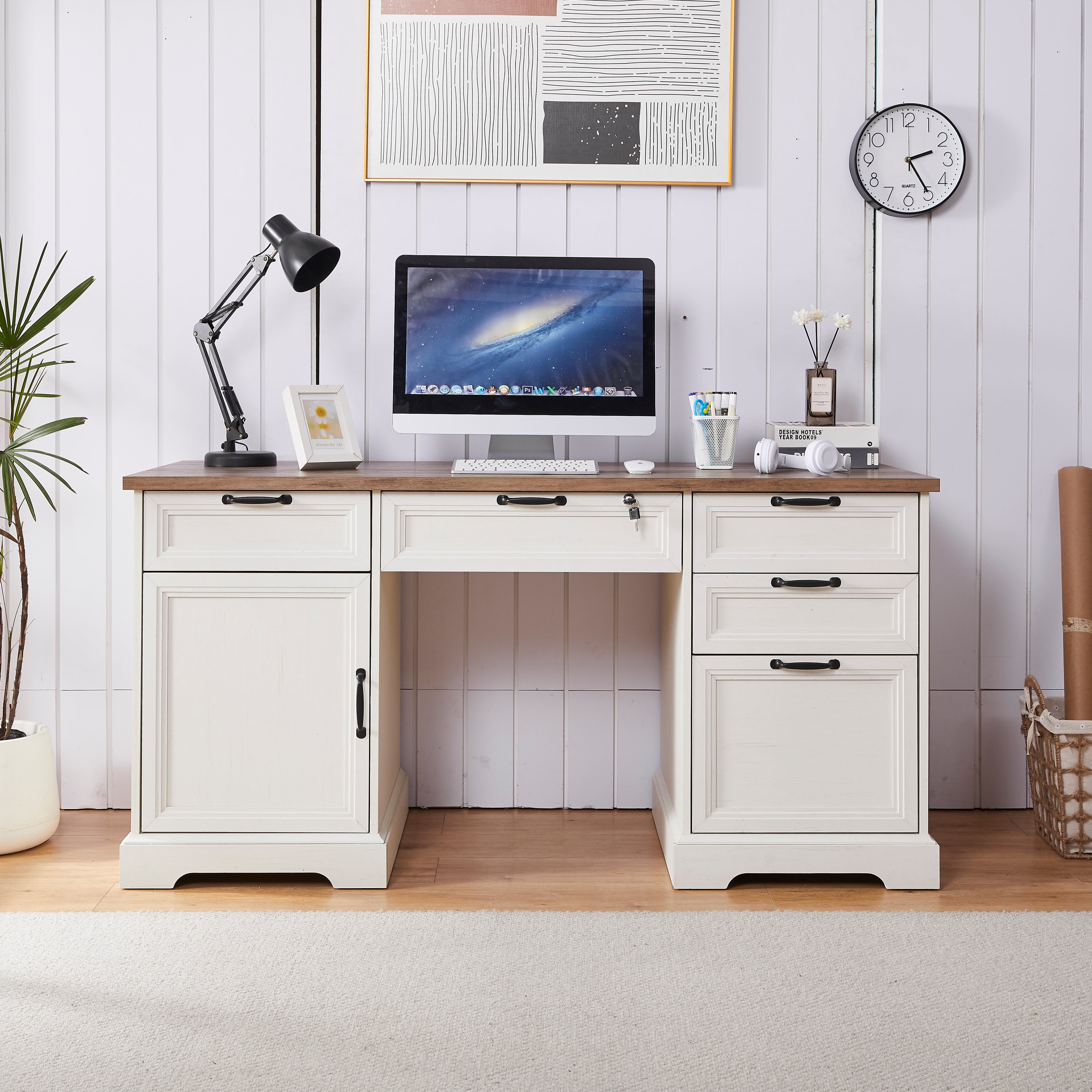 Haooyeah Farmhouse Executive Desk 60", Wood Office Desk with Drawers, File Cabinet, Charging Station