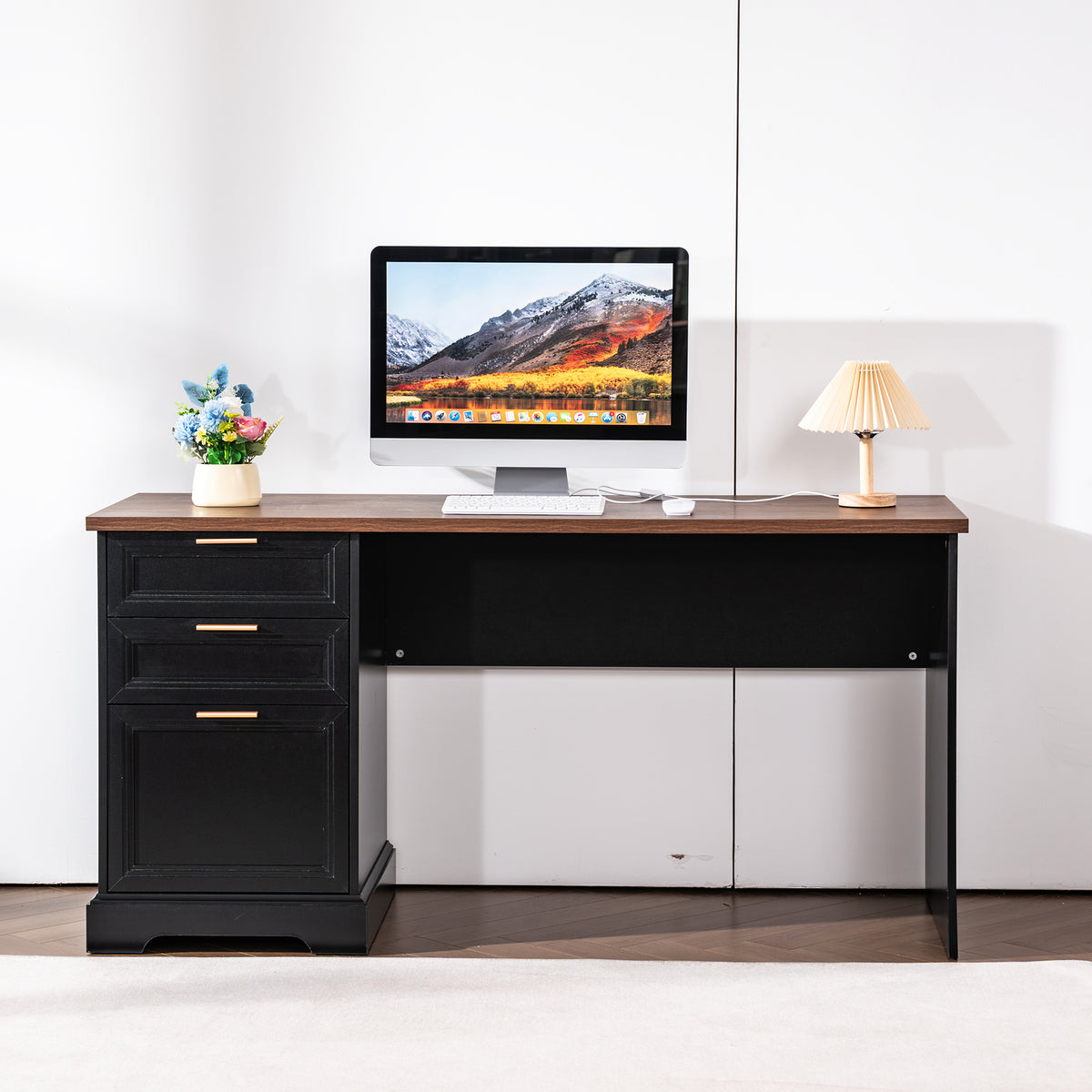 Haooyeah Office Computer Desk with 3 Drawers, Built-in Power Outlet, USB & Type-C Fast Charging, Wooden Writing Desk for Home Office