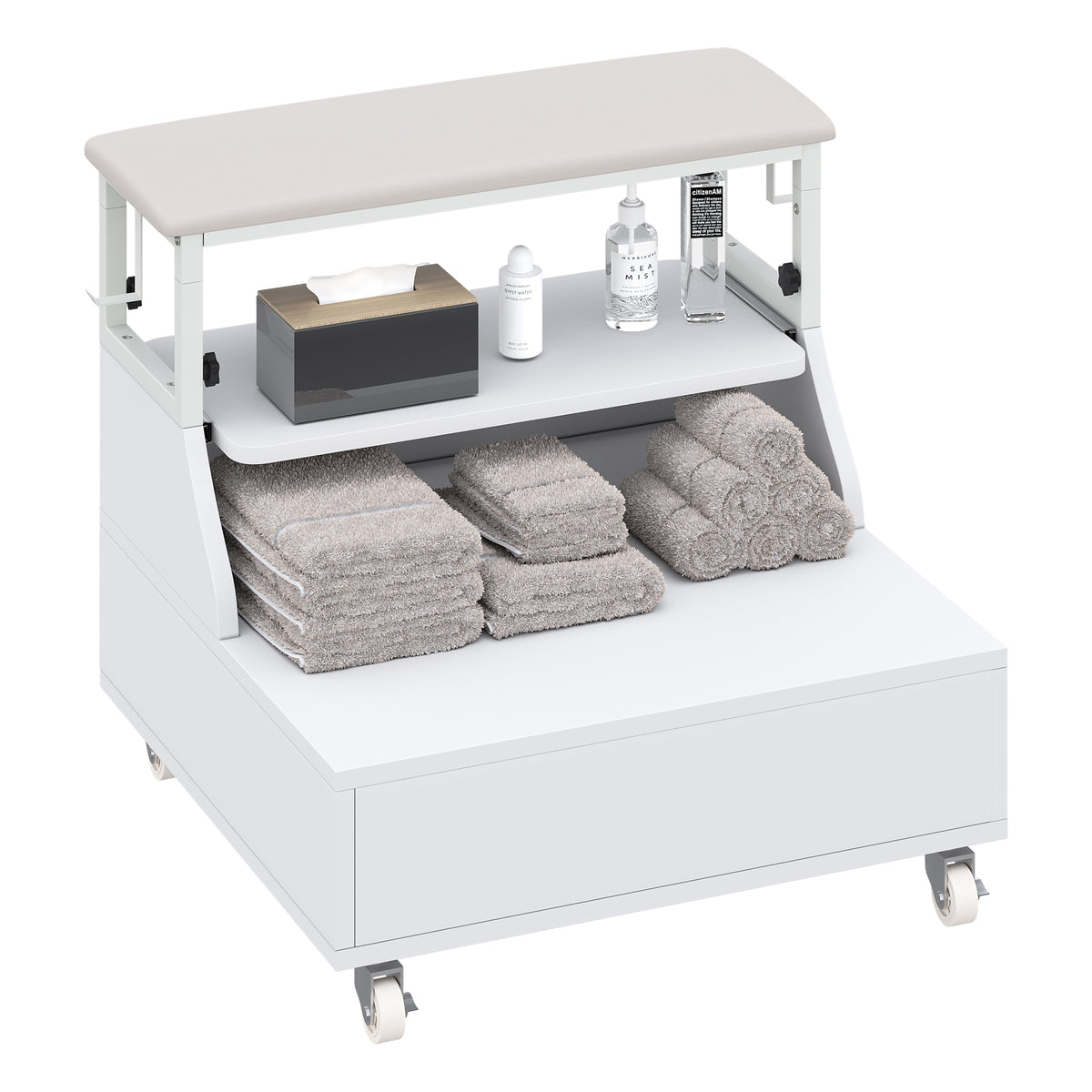Haooyeah Rolling Foot Spa Cart French Country with Adjustable Height, Wheels, Storage Drawer, and Extendable Tray, 1 Pack