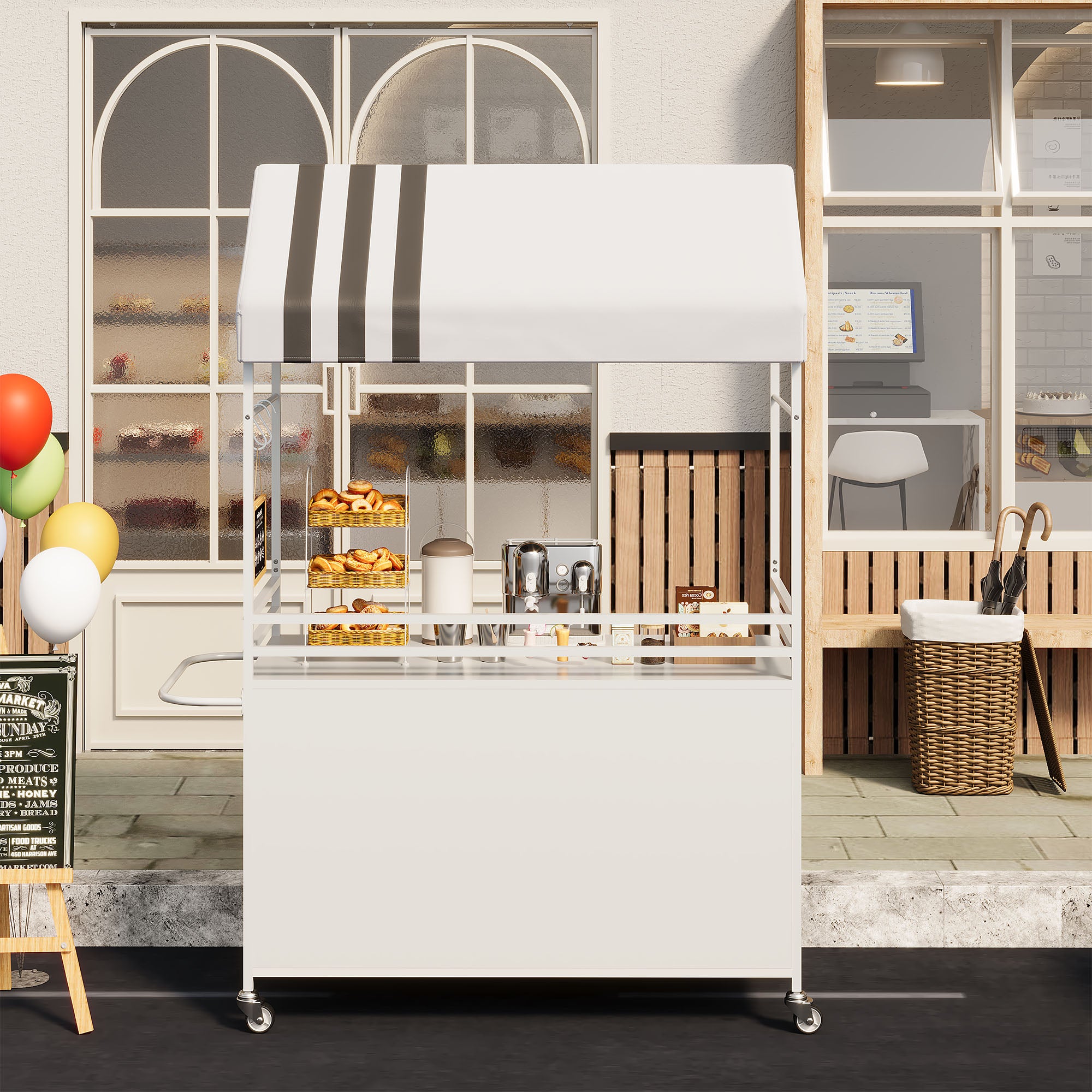 Choosilay Portable Vendor Cart with Canopy, Mobile Food Display Stand with Lockable Wheels, Mobile Food Carts for Sale, Portable Food Display Stand for Market, Street Food & Events (White/Balck)