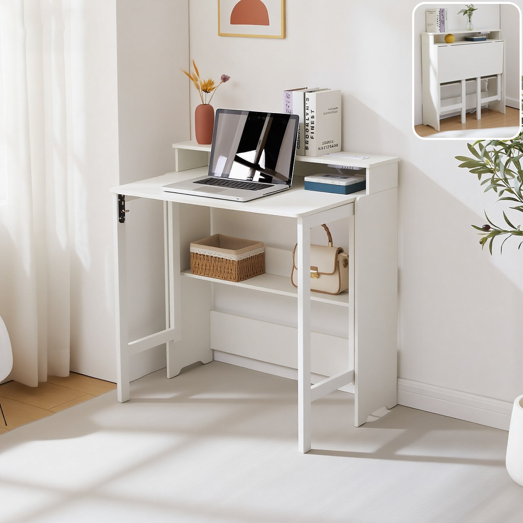 Haooyeah Fold Out Desk with Power Outlets, Small Space-Saving Foldable Desk with Storage Shelf, Hidden Wall Desk for Bedroom, Living Room & Office