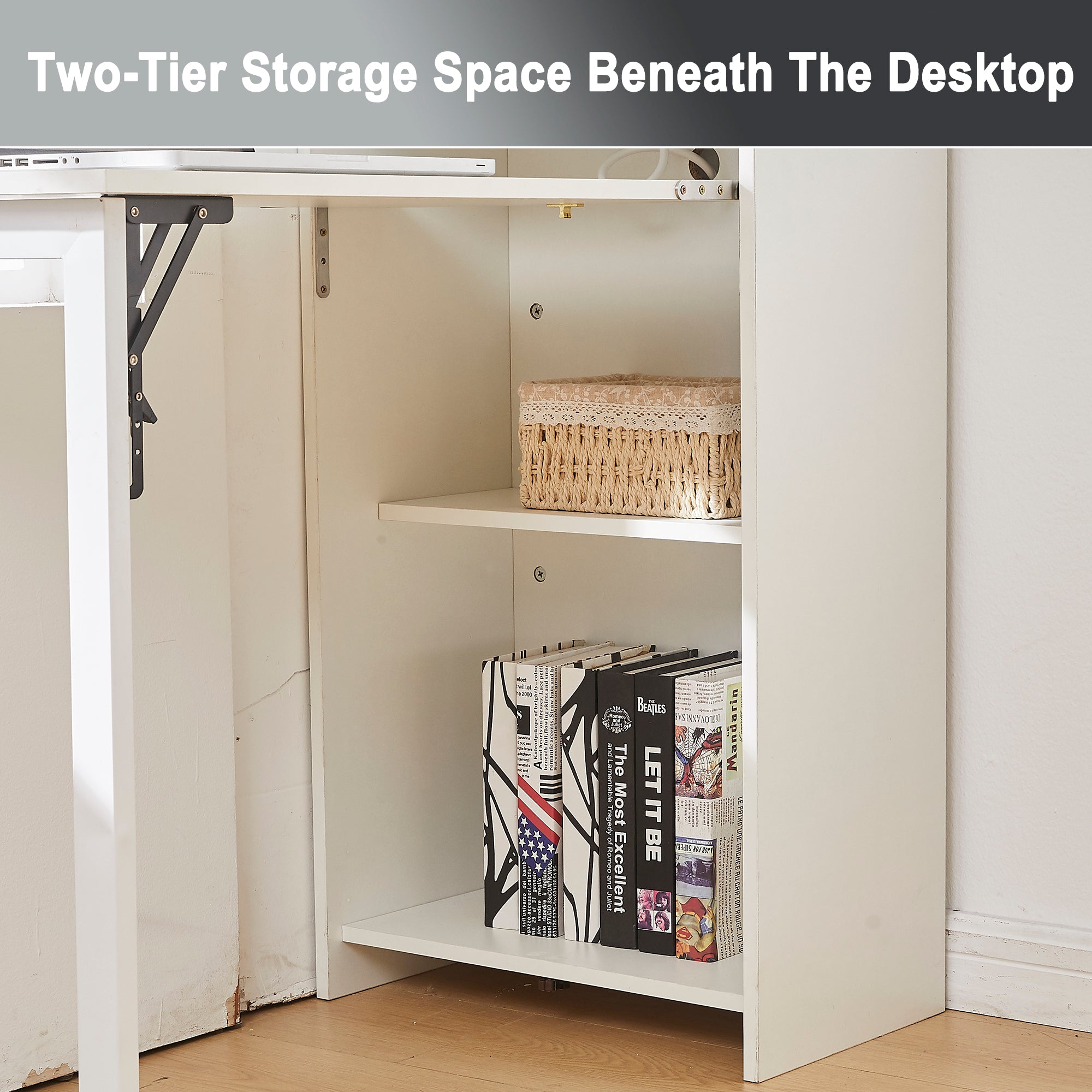 boknight Foldable Desk,Hidden Desk with Storage and Built-in Socket,Mid Century Fold Out Table for Small Spaces,Home Office and Bedroom