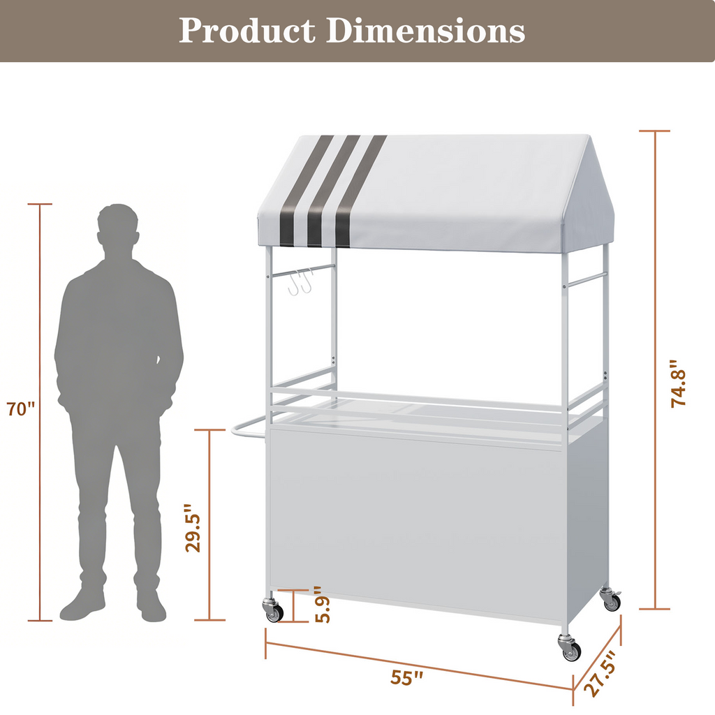 Portable Vendor Cart with Canopy, Outdoor Mobile Food Cart with Wheels, 75" Tall Street Display Stand,Farmers Markets Events, Vendor's Dessert Vending Stall