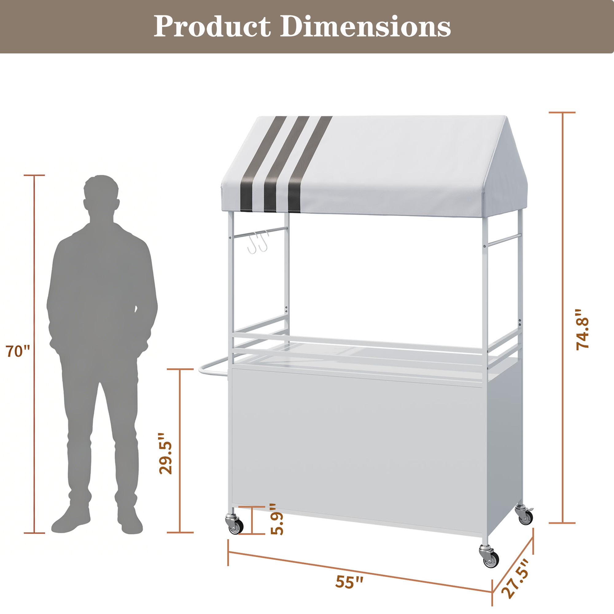 Portable Vendor Cart with Canopy, Outdoor Mobile Food Cart with Wheels, 75" Tall Street Display Stand,Farmers Markets Events, Vendor's Dessert Vending Stall