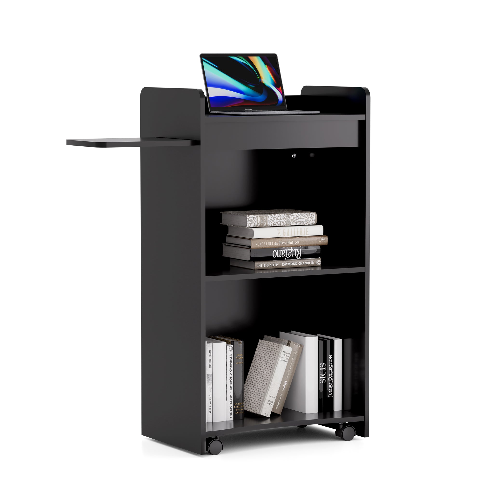 Haooyeah Mobile Lectern with Storage & Slide-Out Tray, Rolling Podium with Locking Wheels