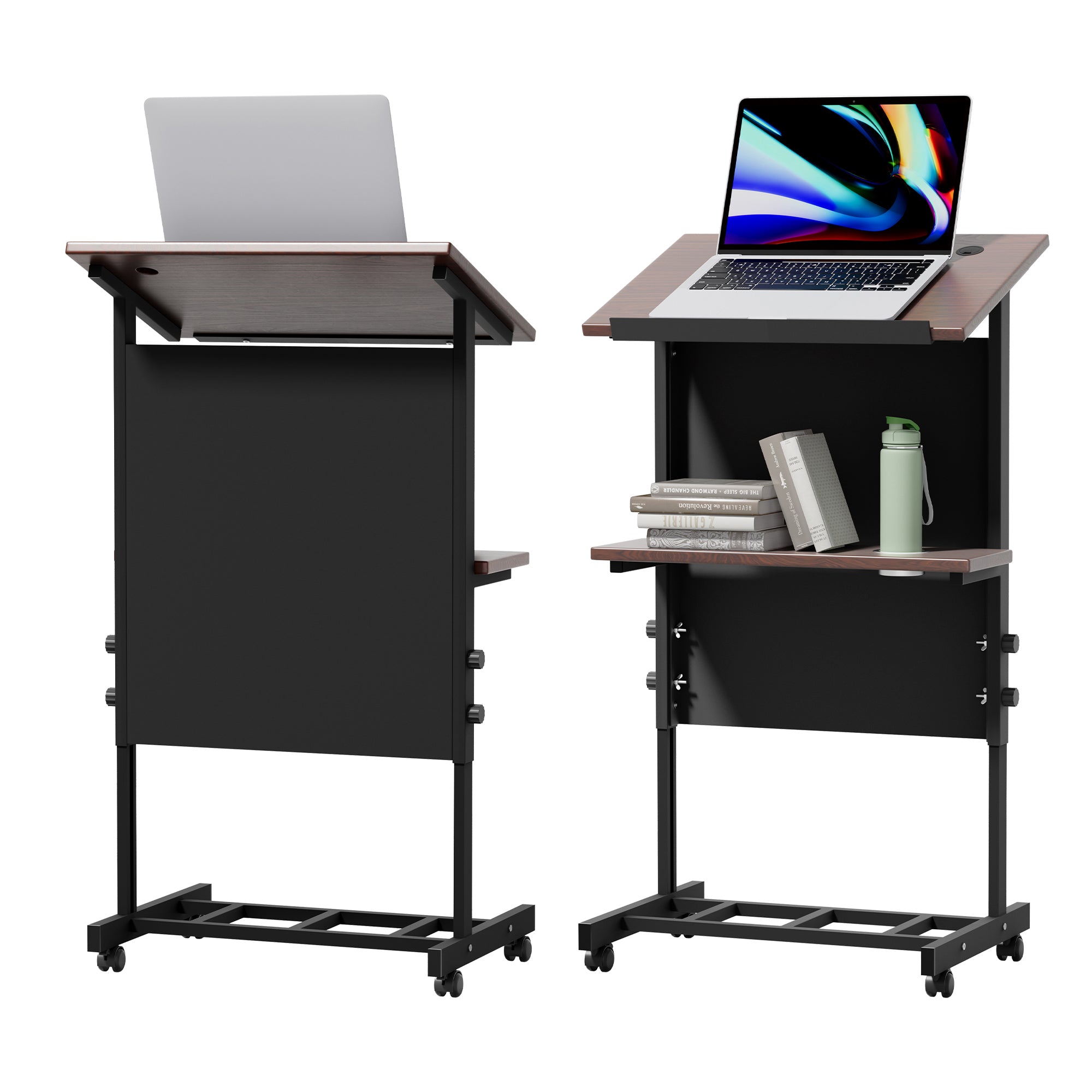 Haooyeah Rolling Podium Stand, Height Adjustable Mobile Desk with Storage Shelf, Cup Holder & Microphone Hole, Lightweight for Office & Classroom