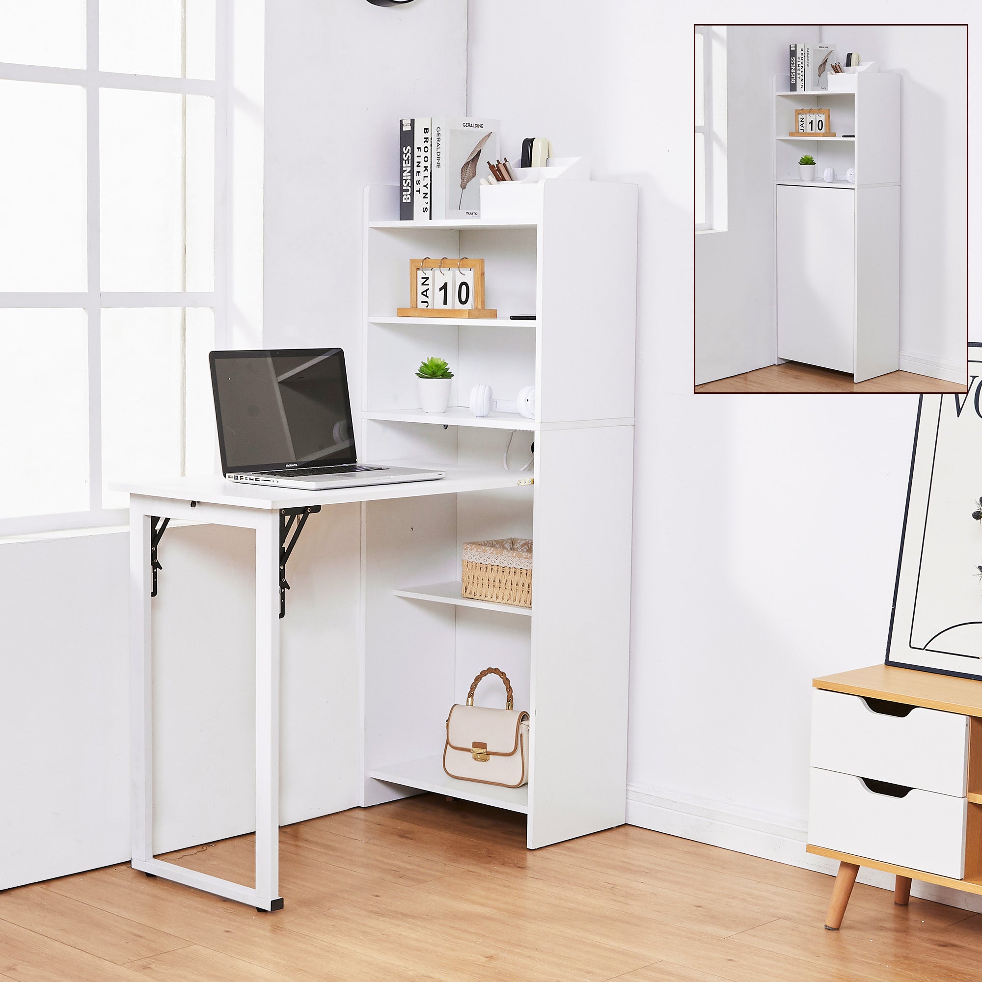 Haooyeah Foldable Desk with Bookshelf, 2-in-1 Space-Saving Computer Desk, Storage Shelves, Built-in Power Outlet, Easy-Fold Desk